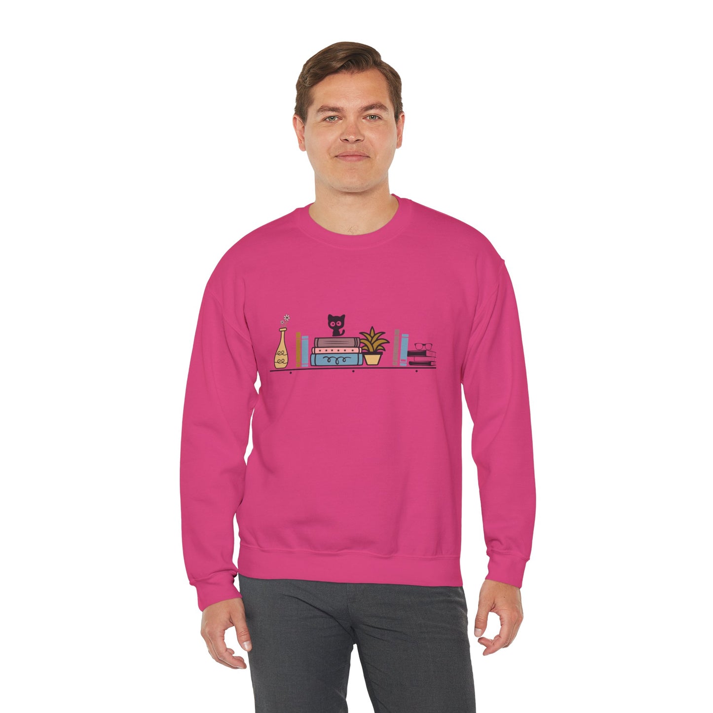 Unisex Heavy Blend™ Crewneck Sweatshirt - cute cat with books on bookshelf - sizes S - 3X