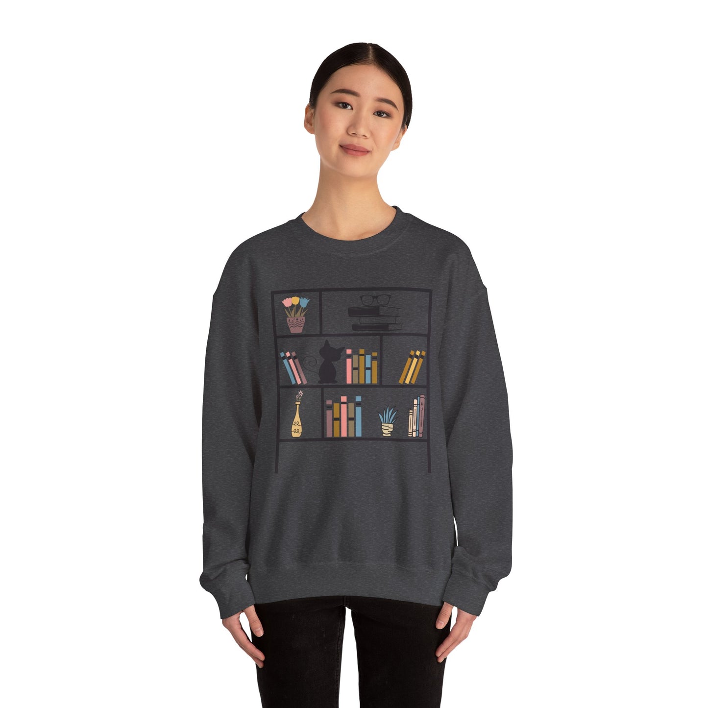 Unisex Heavy Blend™ Crewneck Sweatshirt - Cute bookshelf with cat - Sizes S - 5X