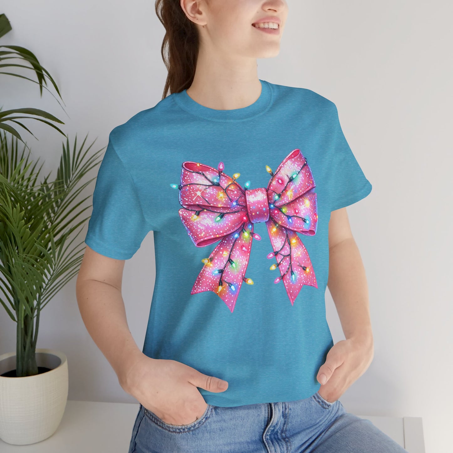 Pink Bow Christmas Tee - Festive Holiday Unisex Jersey T-shirt - sizes S - 3X