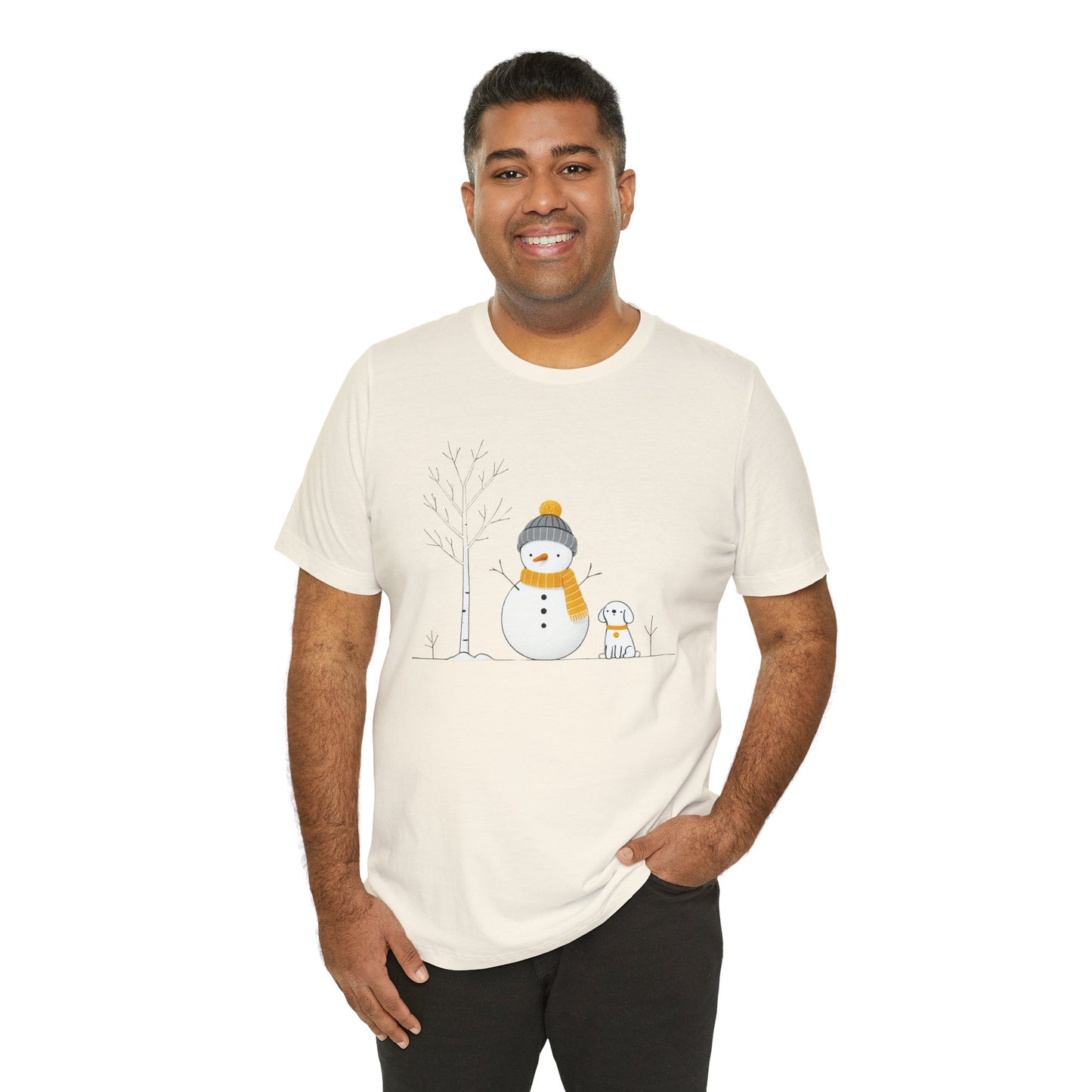 Snowman and dog winter scene Unisex Jersey Short Sleeve Tee - sizes S - 3X