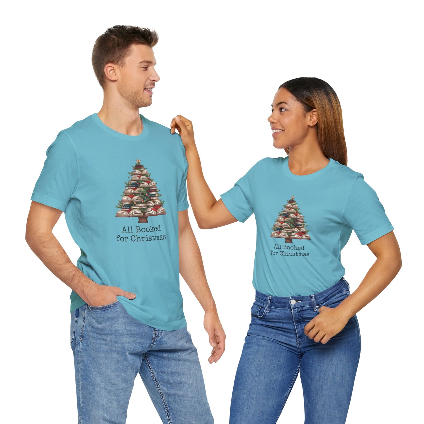 All Booked for Christmas, Book Christmas tree, Unisex Jersey Short Sleeve T-shirt - sizes S = 3X