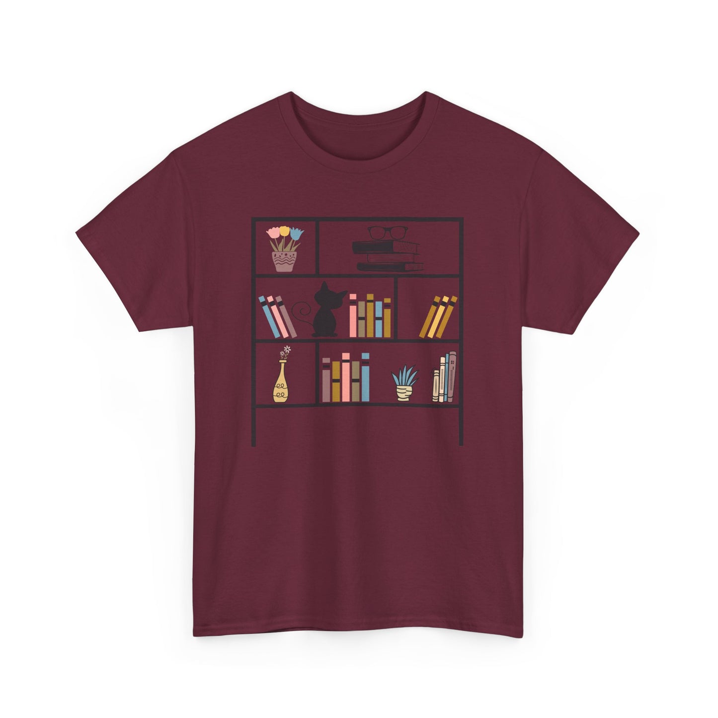 Unisex Heavy Cotton Tee - Bookshelf for books and cat