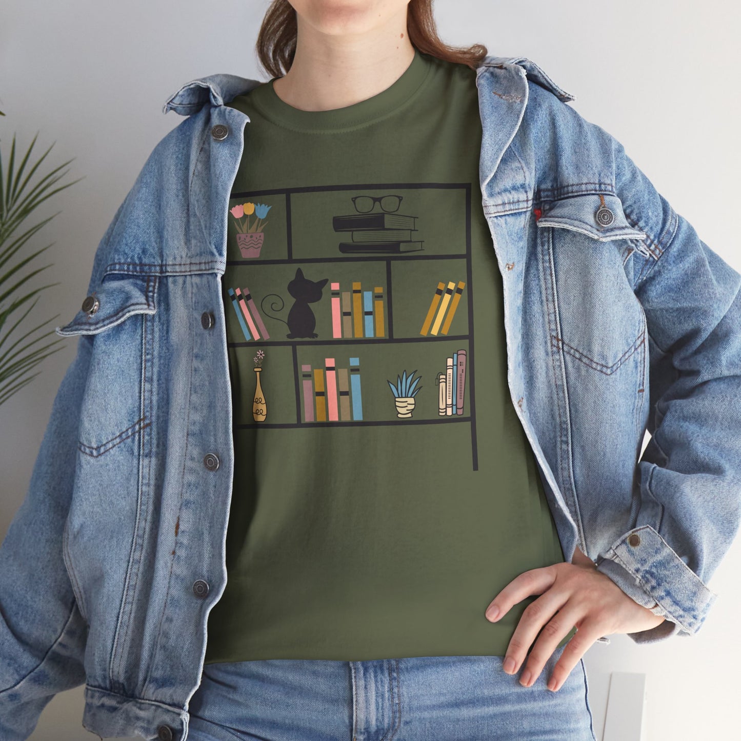 Unisex Heavy Cotton Tee - Bookshelf for books and cat