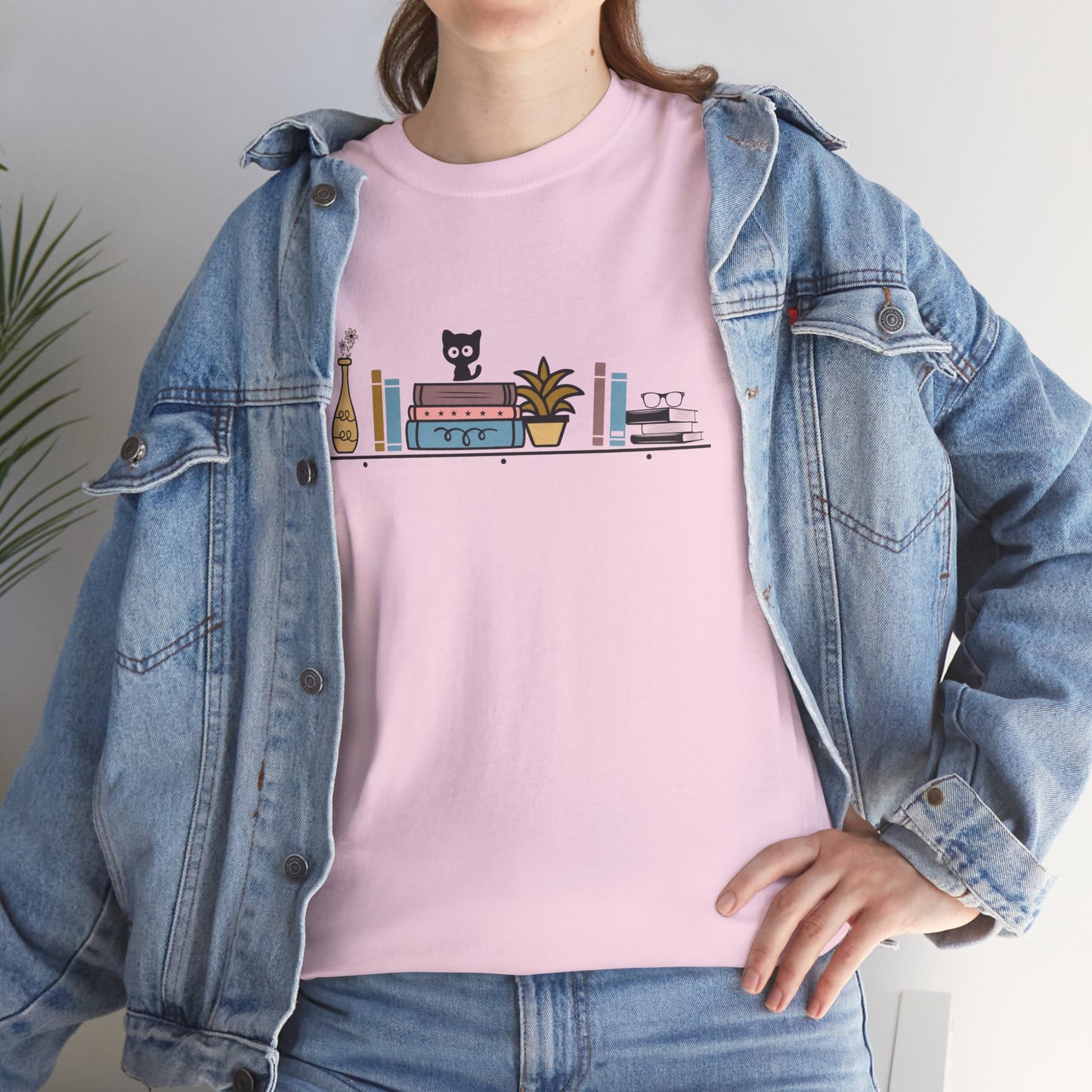 Unisex Heavy Cotton Tee - Cute cat and books on a shelf - sizes S - 5X