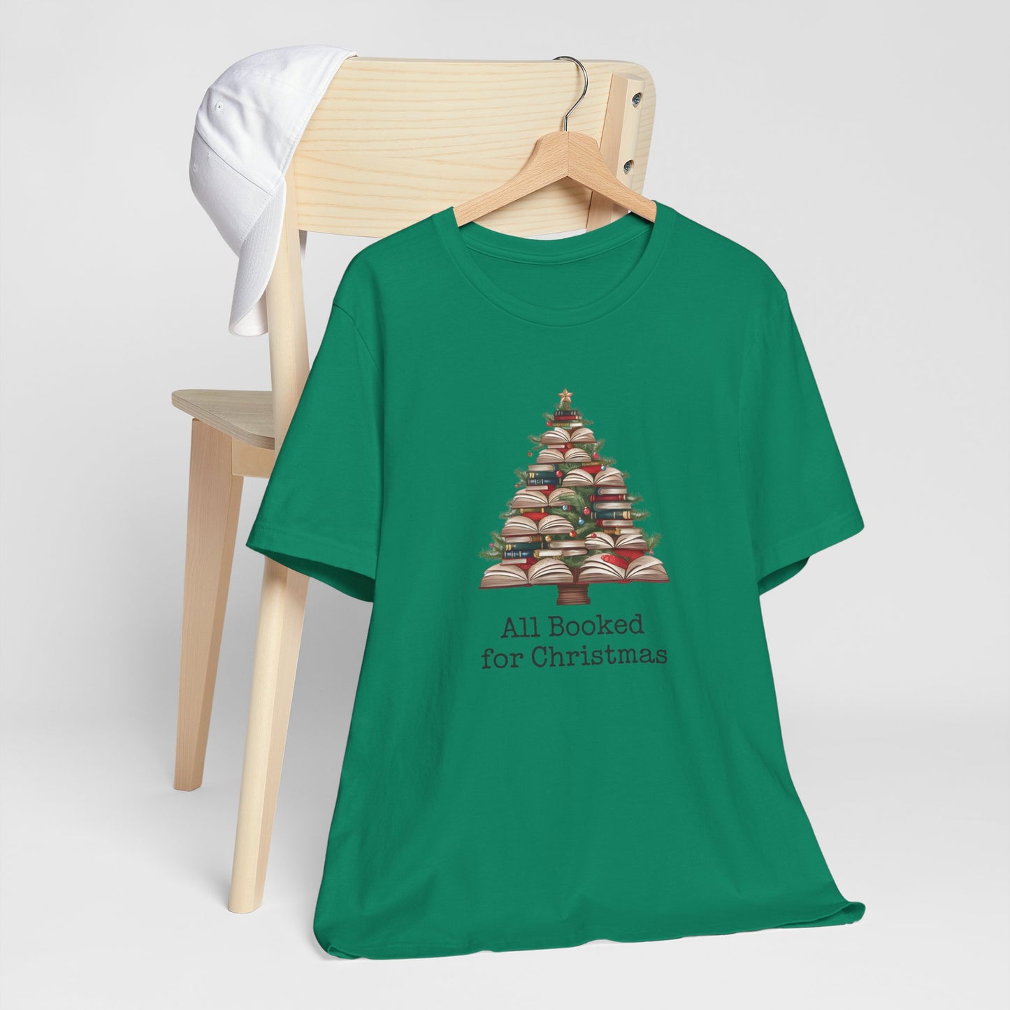 All Booked for Christmas, Book Christmas tree, Unisex Jersey Short Sleeve T-shirt - sizes S = 3X