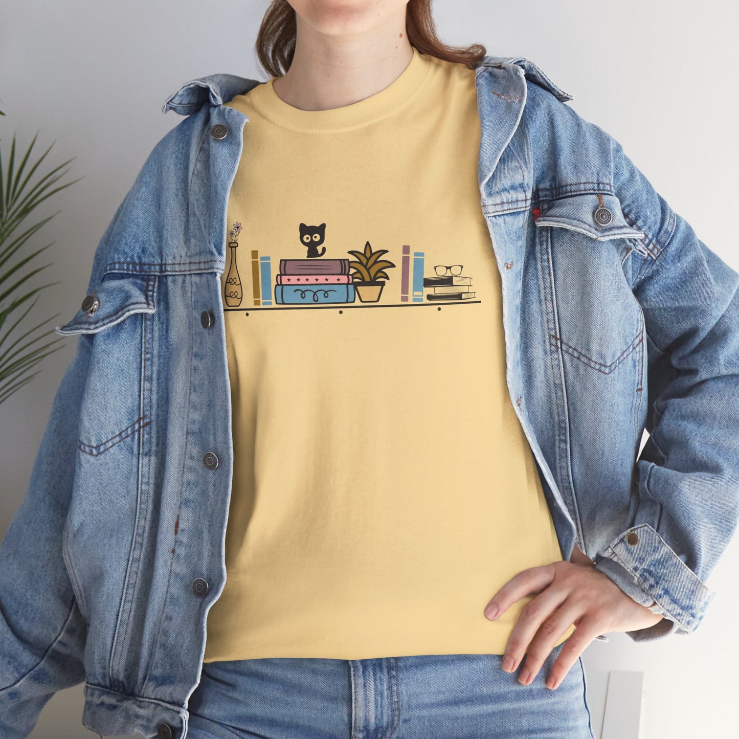 Unisex Heavy Cotton Tee - Cute cat and books on a shelf - sizes S - 5X