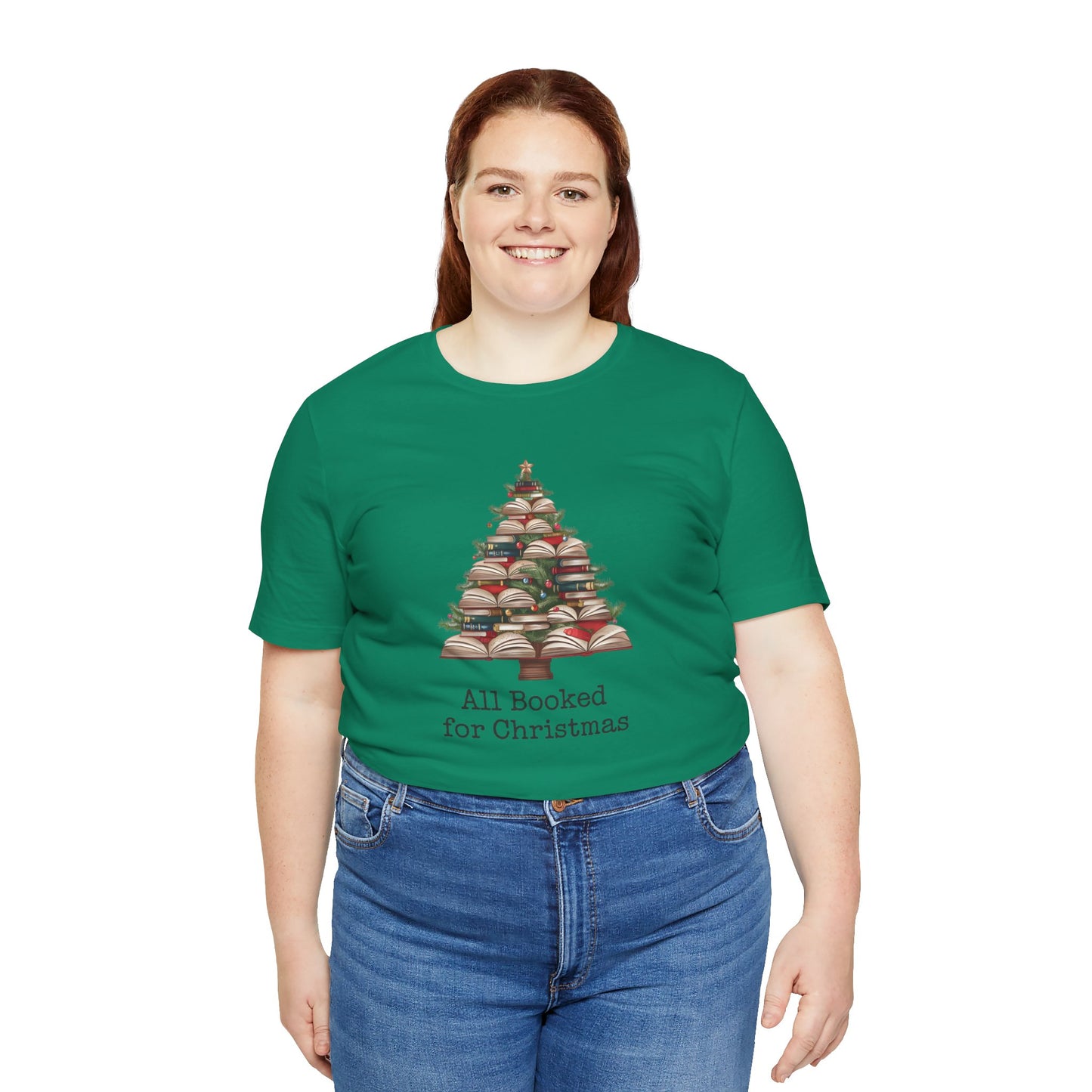 All Booked for Christmas, Book Christmas tree, Unisex Jersey Short Sleeve T-shirt - sizes S = 3X