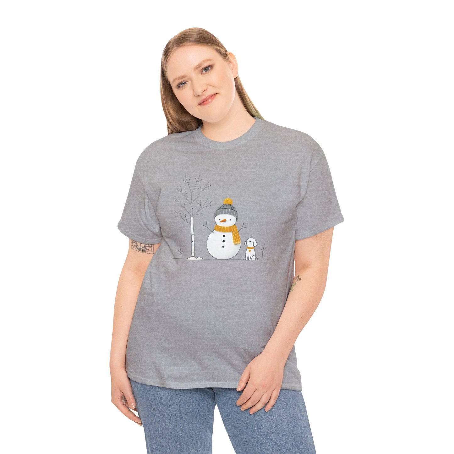 Snowman and dog Winter scene Unisex Heavy Cotton Tee - S - 3X