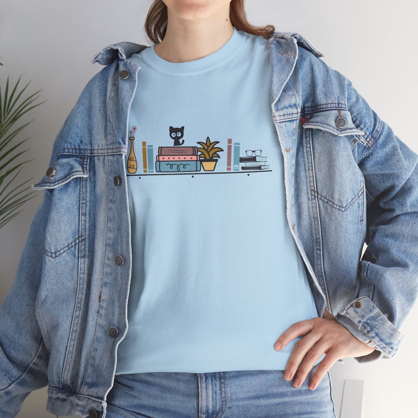 Unisex Heavy Cotton Tee - Cute cat and books on a shelf - sizes S - 5X