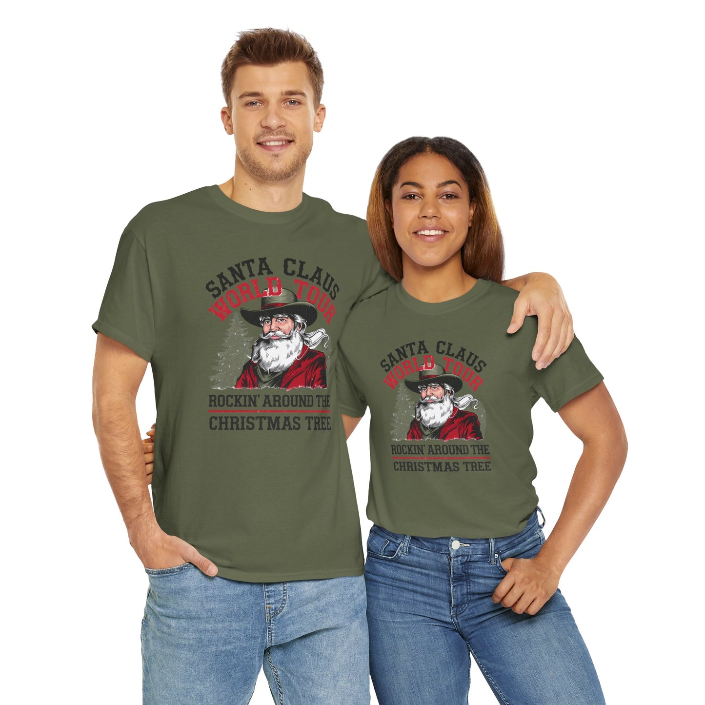 Cowboy Santa World Tour Unisex Heavy Cotton T-shirt - Christmas Funny Country Graphic Holiday Tee - sizes S - 5X