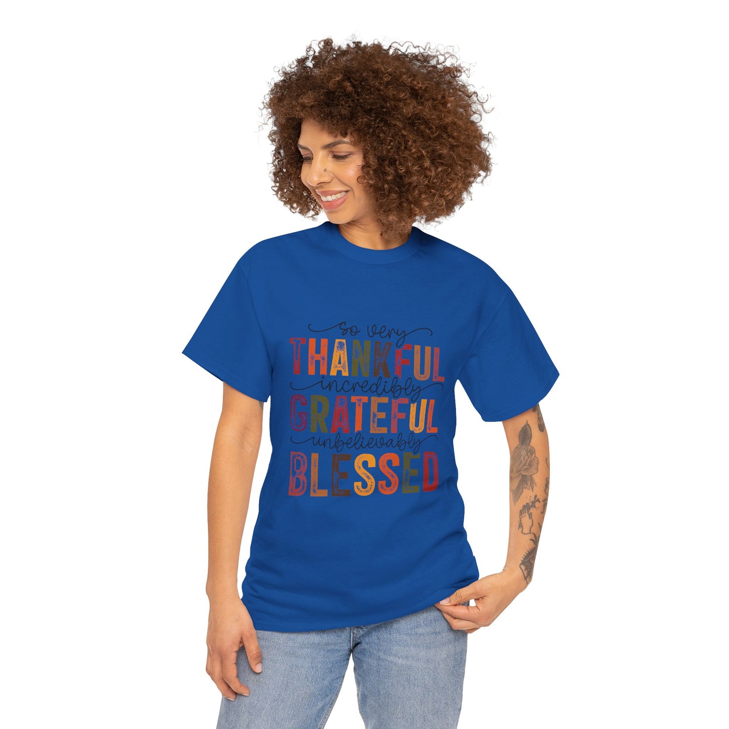 Thankful Grateful Blessed Unisex Heavy Cotton Tee - Thanksgiving Distressed Graphic T-Shirt