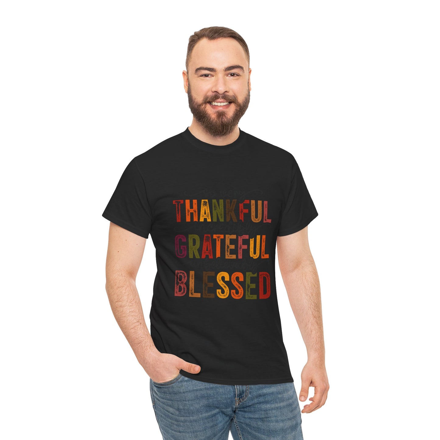 Thankful Grateful Blessed Unisex Heavy Cotton Tee - Thanksgiving Distressed Graphic T-Shirt