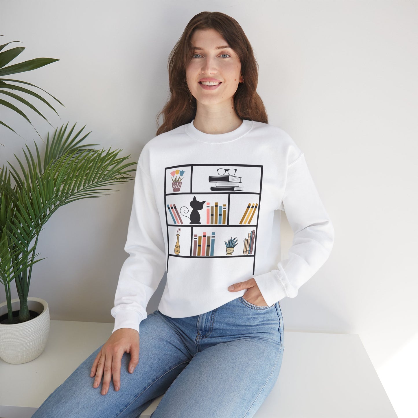 Unisex Heavy Blend™ Crewneck Sweatshirt - Cute bookshelf with cat - Sizes S - 5X