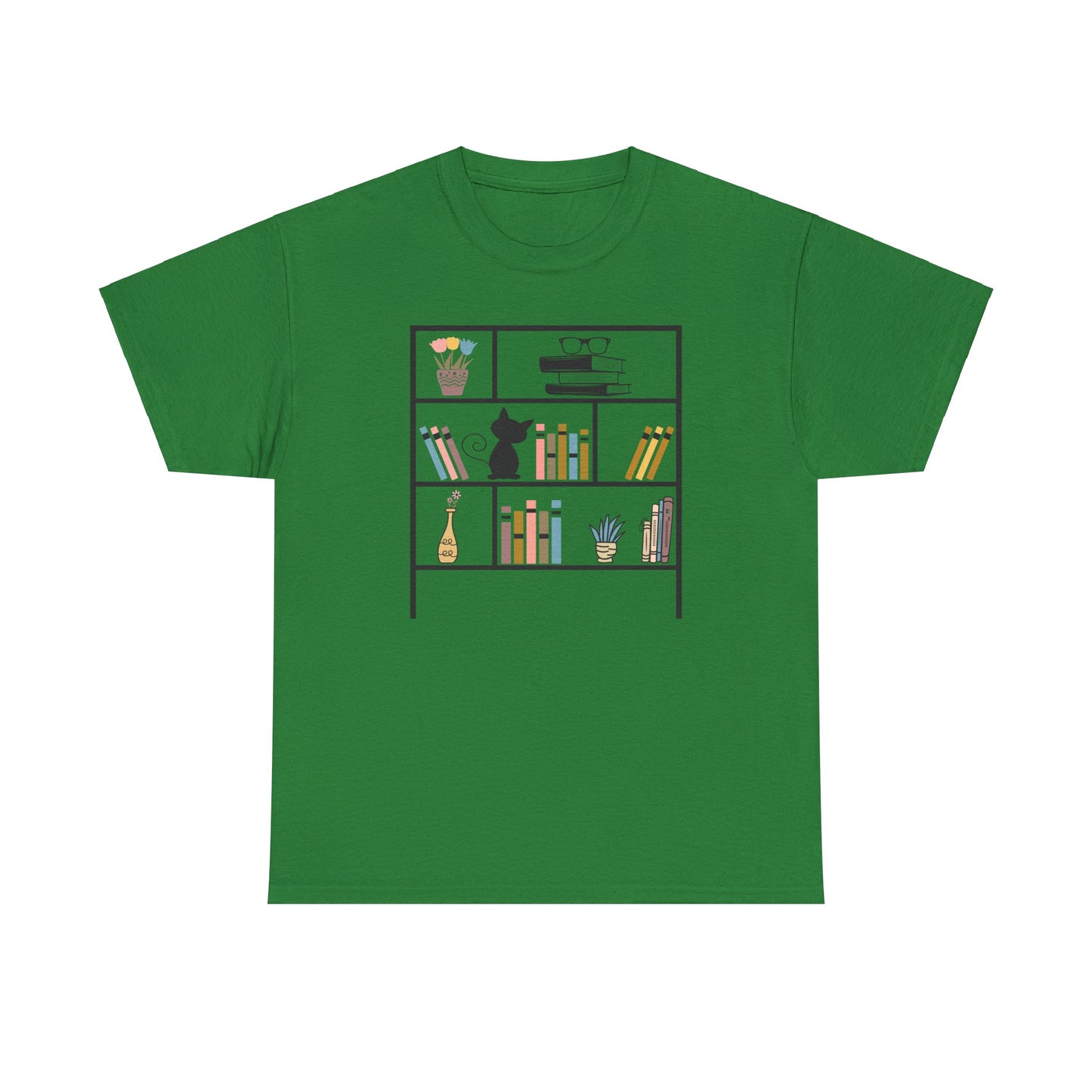 Unisex Heavy Cotton Tee - Bookshelf for books and cat