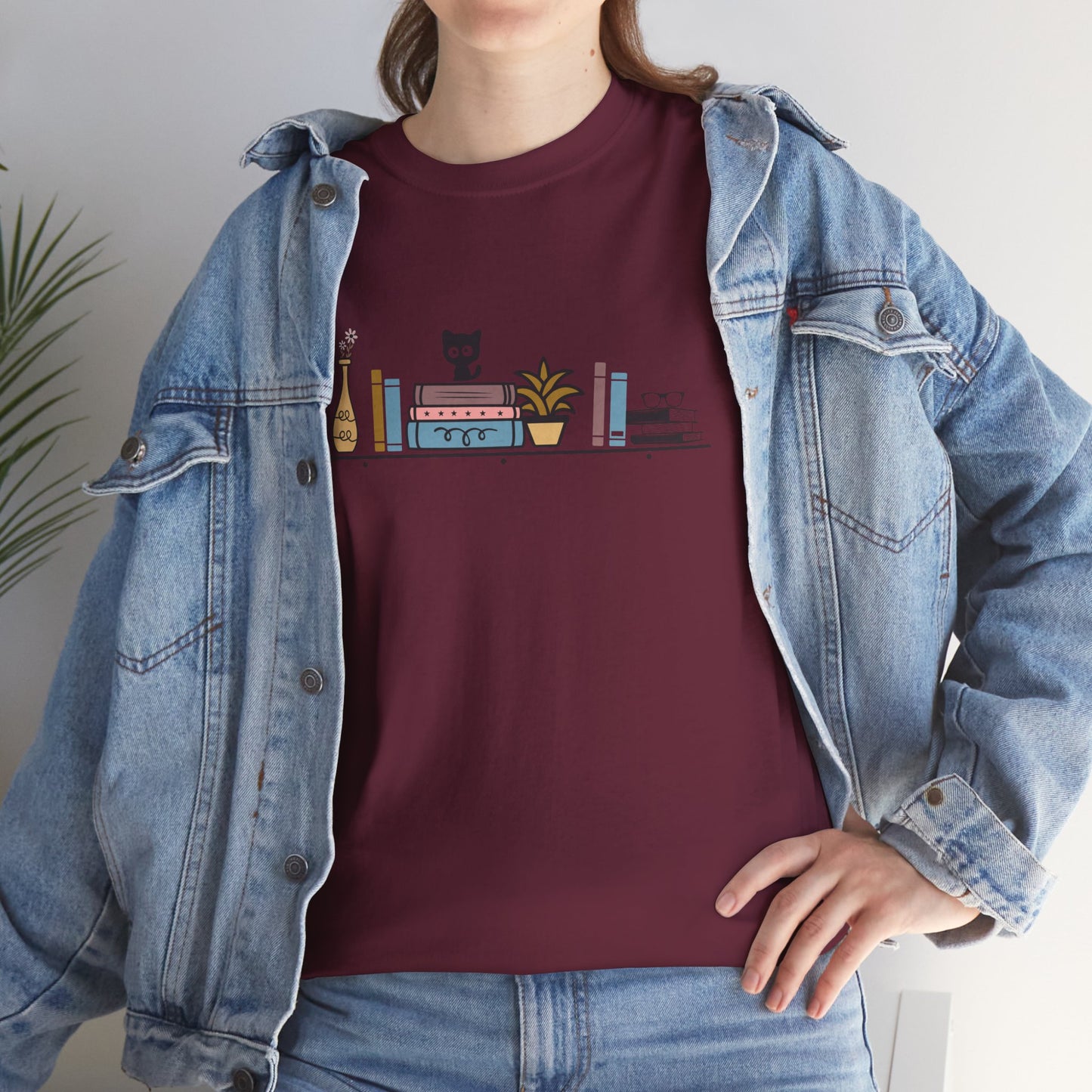 Unisex Heavy Cotton Tee - Cute cat and books on a shelf - sizes S - 5X