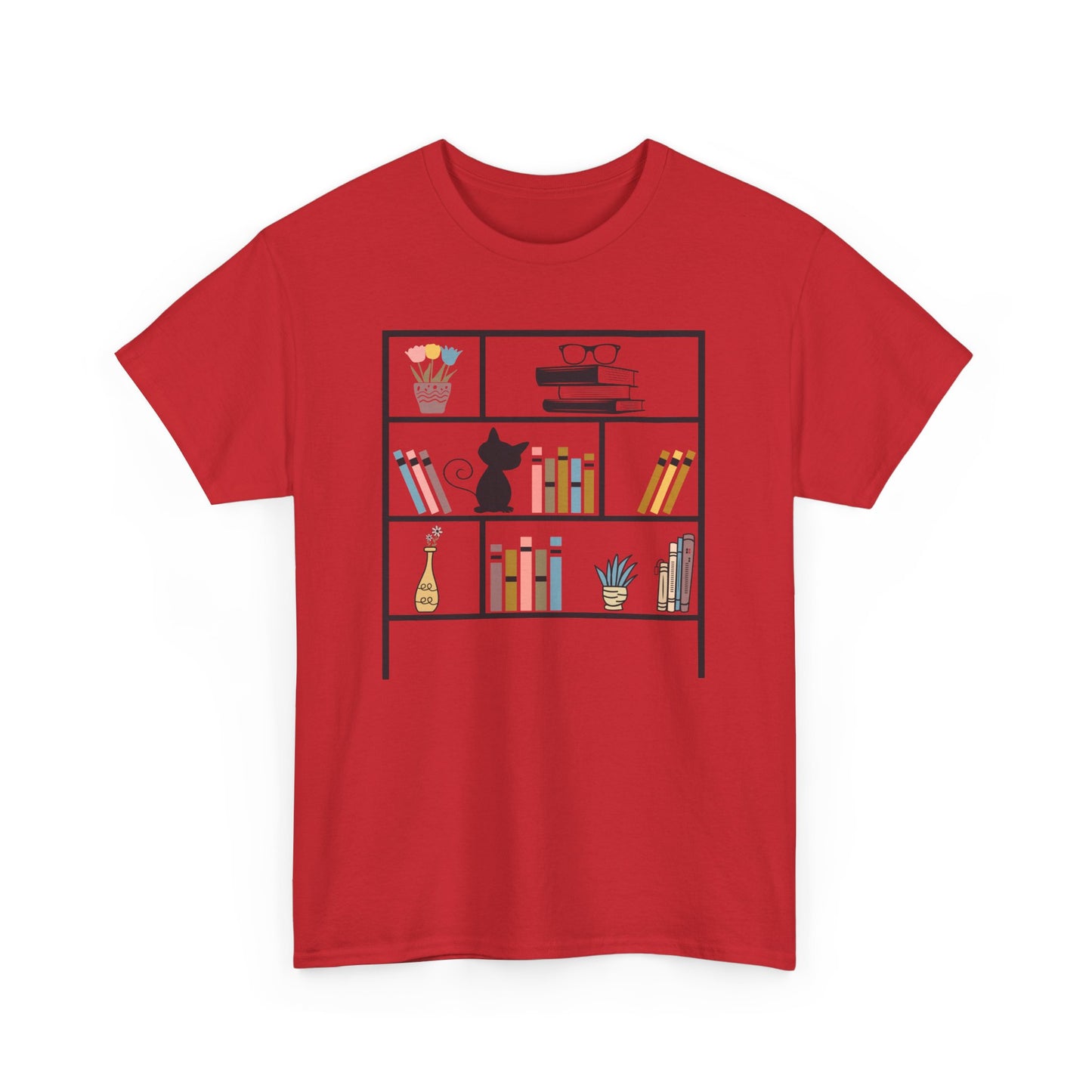 Unisex Heavy Cotton Tee - Bookshelf for books and cat