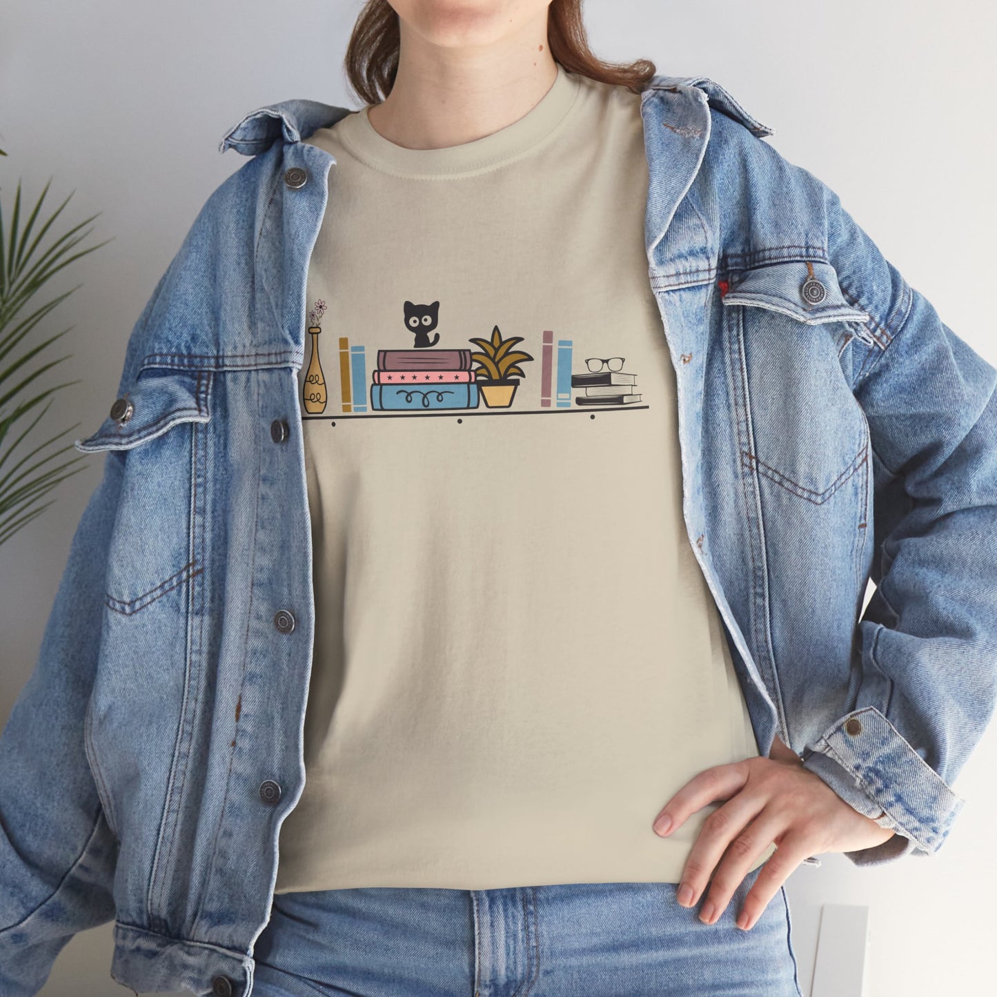 Unisex Heavy Cotton Tee - Cute cat and books on a shelf - sizes S - 5X