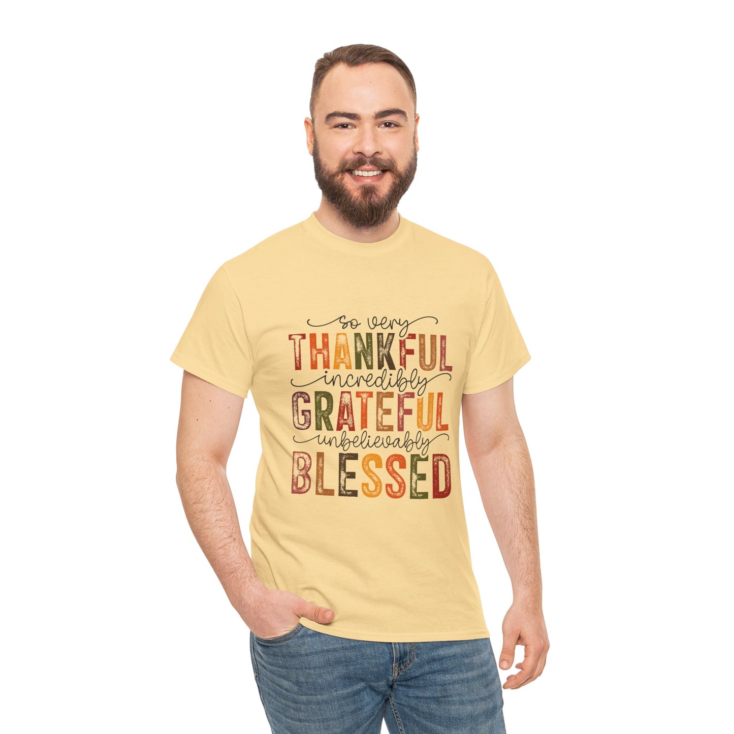 Thankful Grateful Blessed Unisex Heavy Cotton Tee - Thanksgiving Distressed Graphic T-Shirt