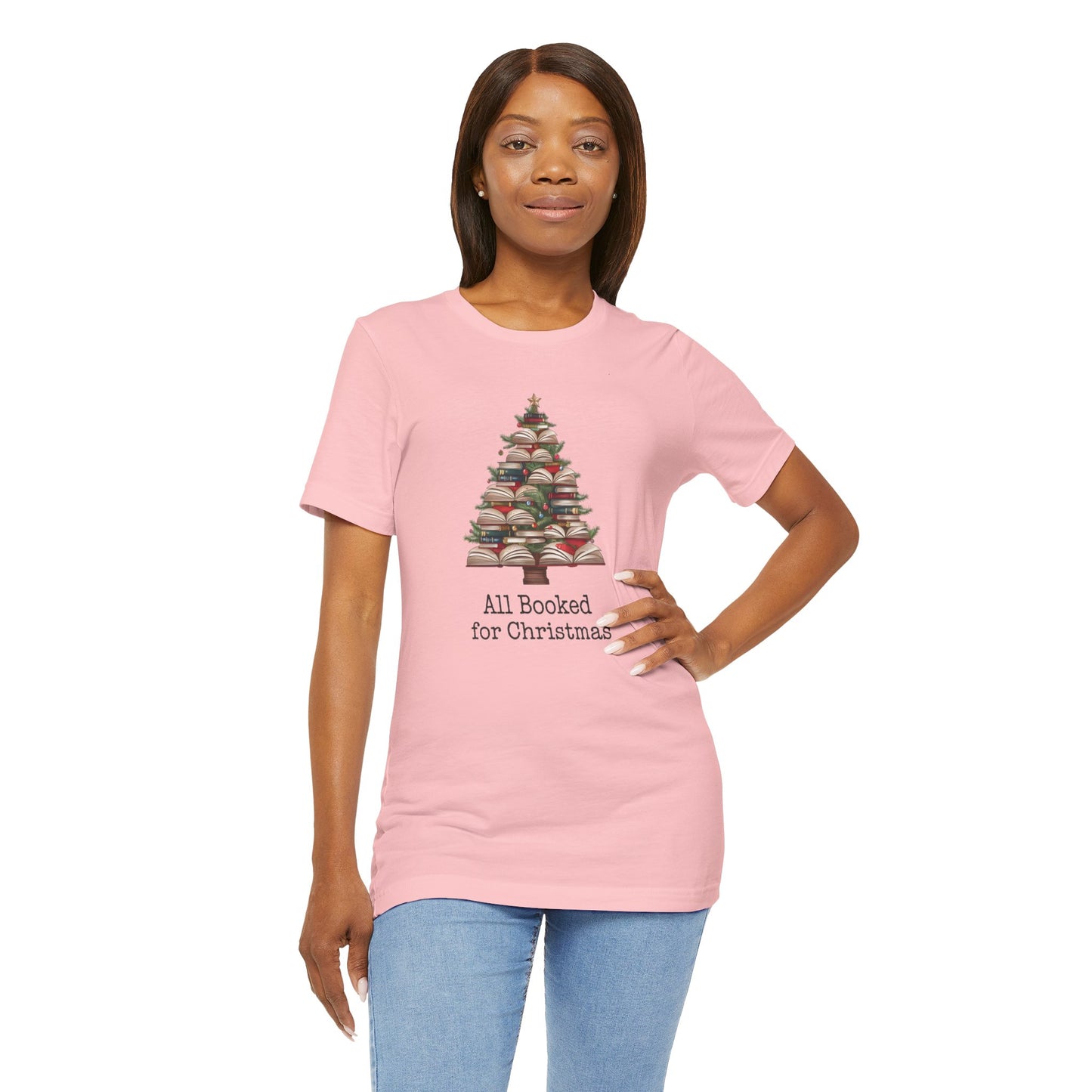 All Booked for Christmas, Book Christmas tree, Unisex Jersey Short Sleeve T-shirt - sizes S = 3X