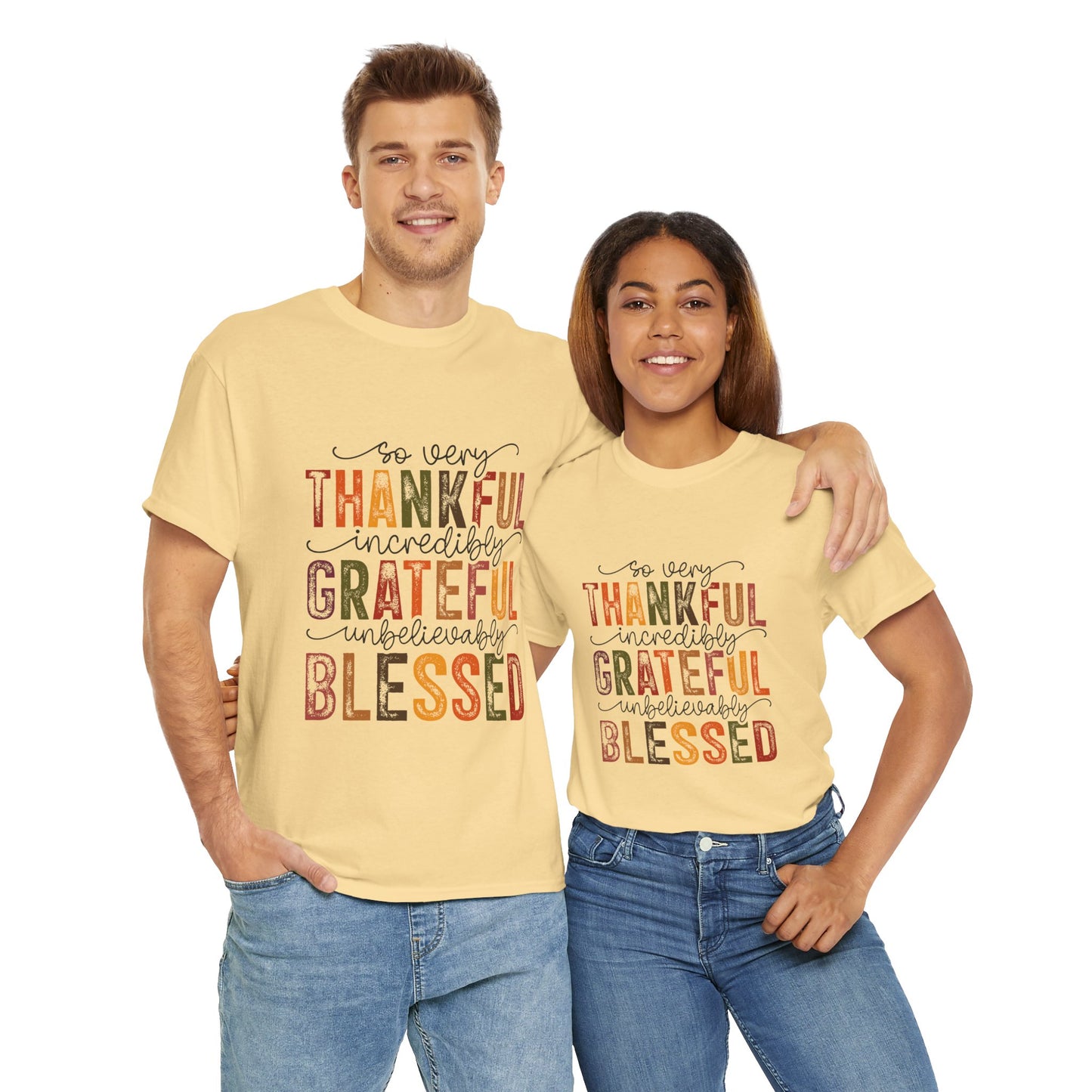 Thankful Grateful Blessed Unisex Heavy Cotton Tee - Thanksgiving Distressed Graphic T-Shirt