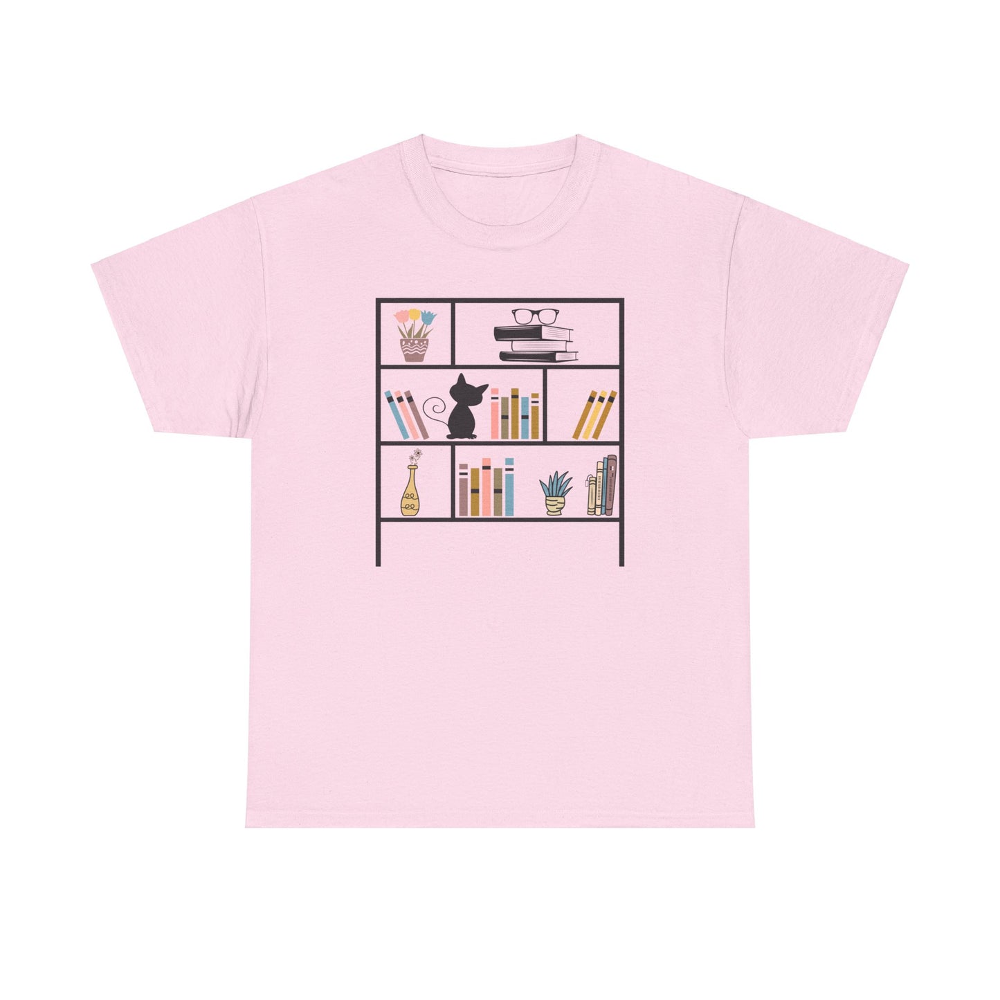 Unisex Heavy Cotton Tee - Bookshelf for books and cat