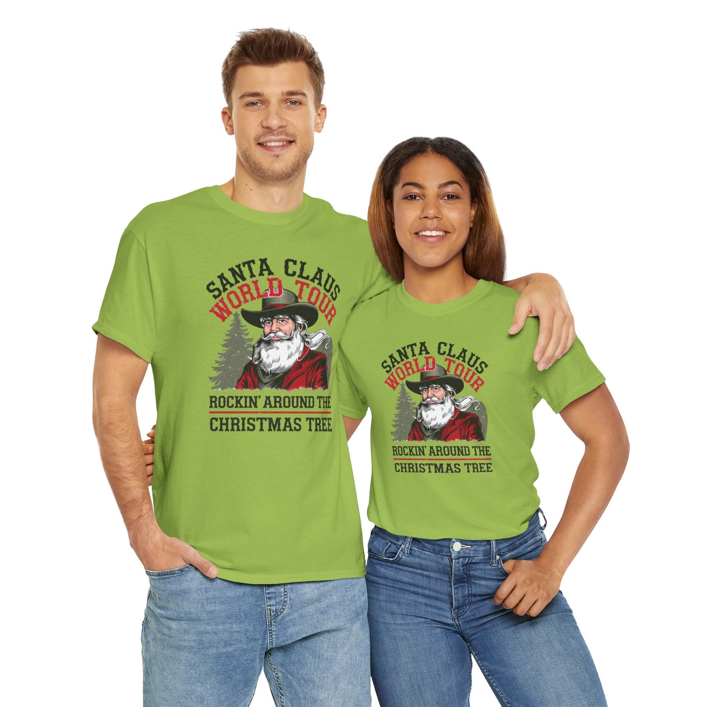 Cowboy Santa World Tour Unisex Heavy Cotton T-shirt - Christmas Funny Country Graphic Holiday Tee - sizes S - 5X