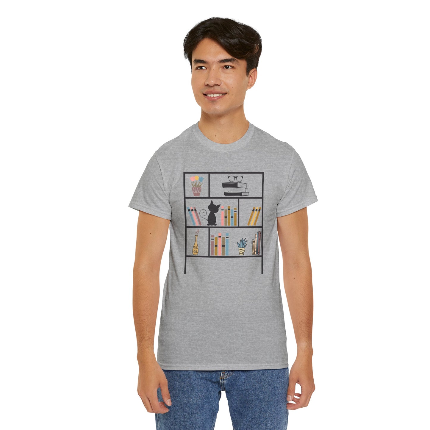 Unisex Heavy Cotton Tee - Bookshelf for books and cat