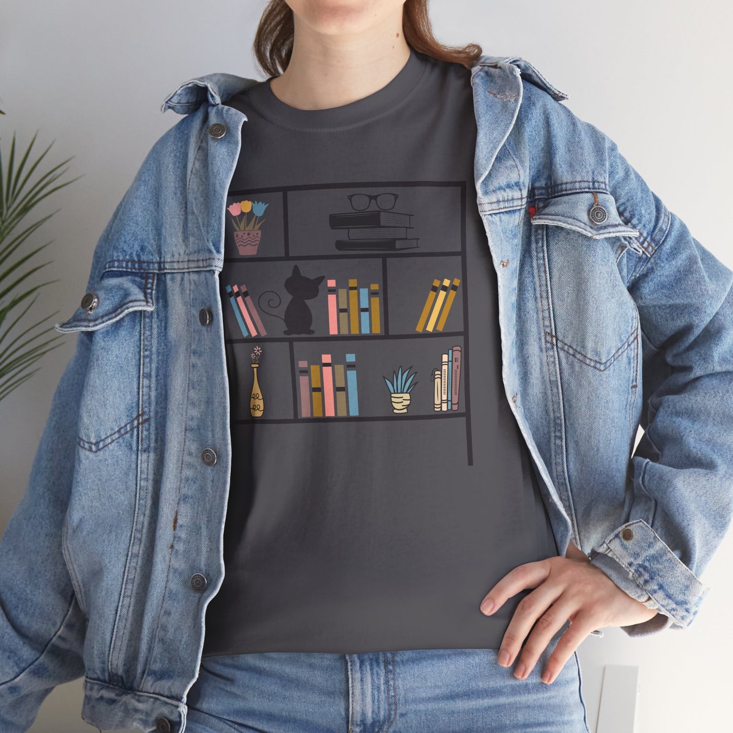 Unisex Heavy Cotton Tee - Bookshelf for books and cat