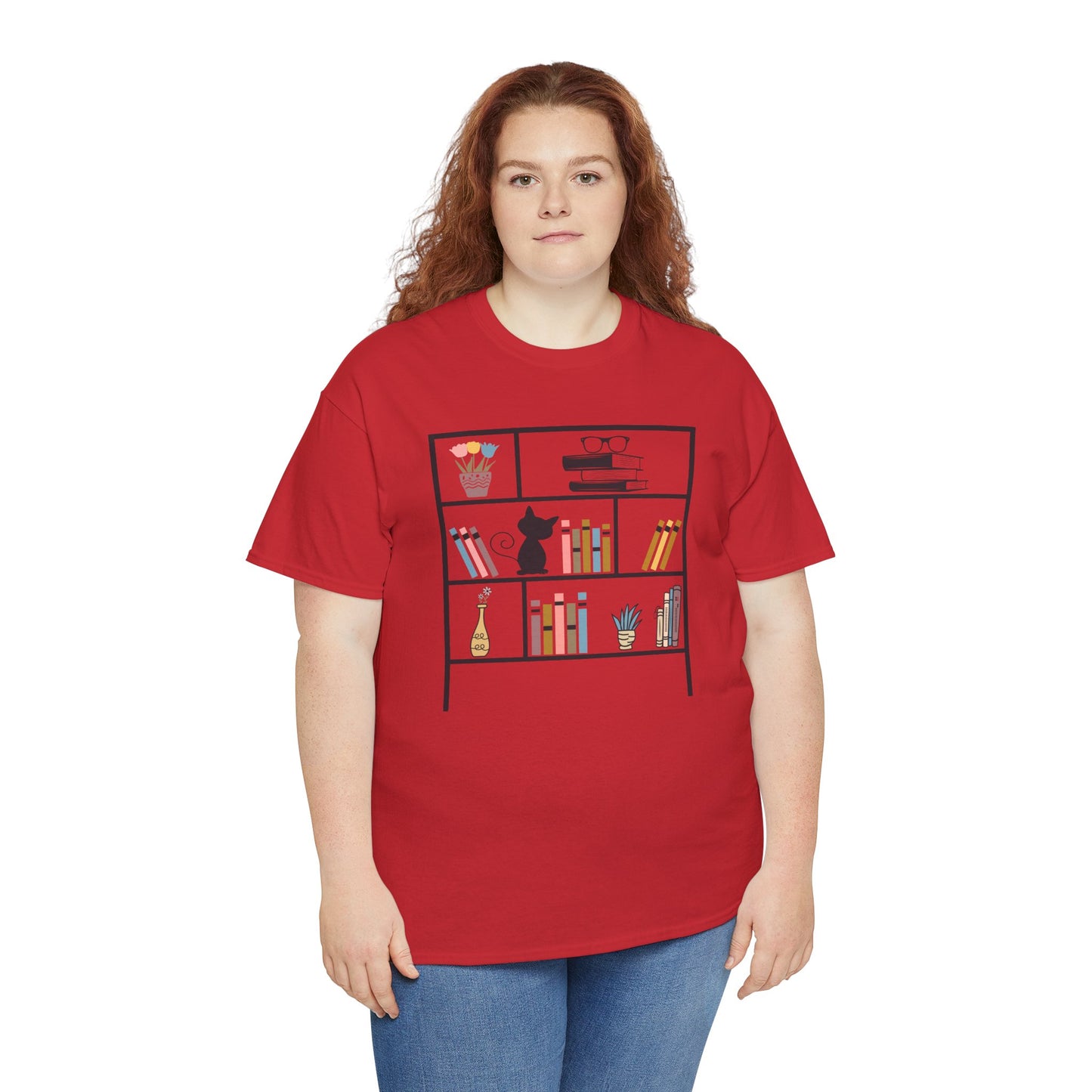 Unisex Heavy Cotton Tee - Bookshelf for books and cat