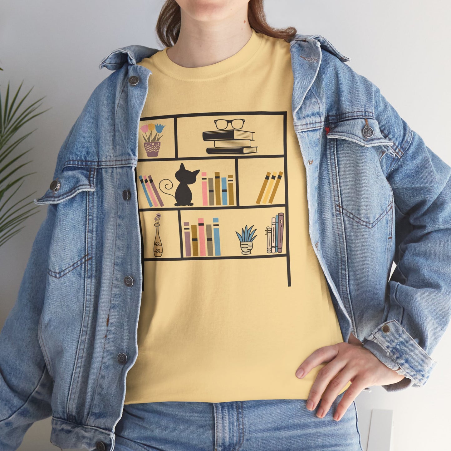 Unisex Heavy Cotton Tee - Bookshelf for books and cat