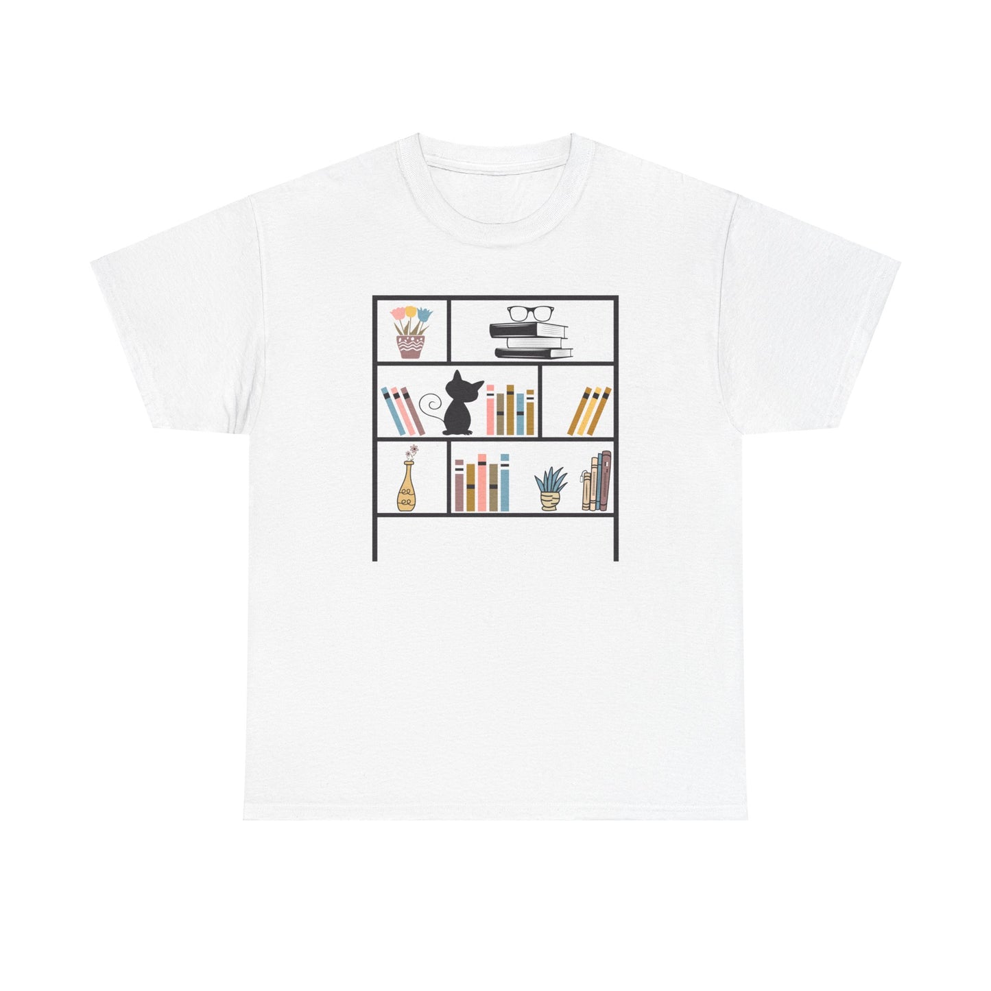 Unisex Heavy Cotton Tee - Bookshelf for books and cat