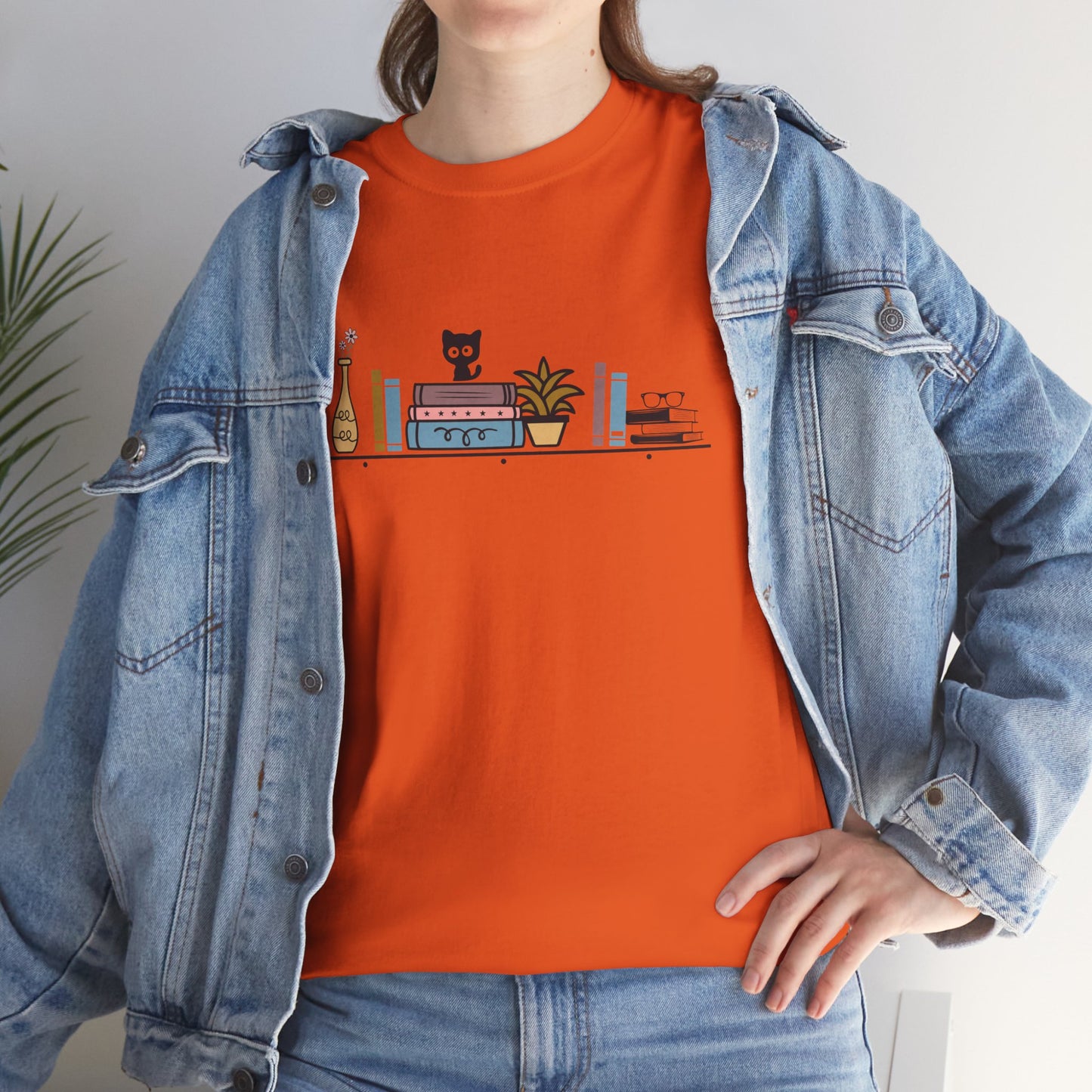 Unisex Heavy Cotton Tee - Cute cat and books on a shelf - sizes S - 5X