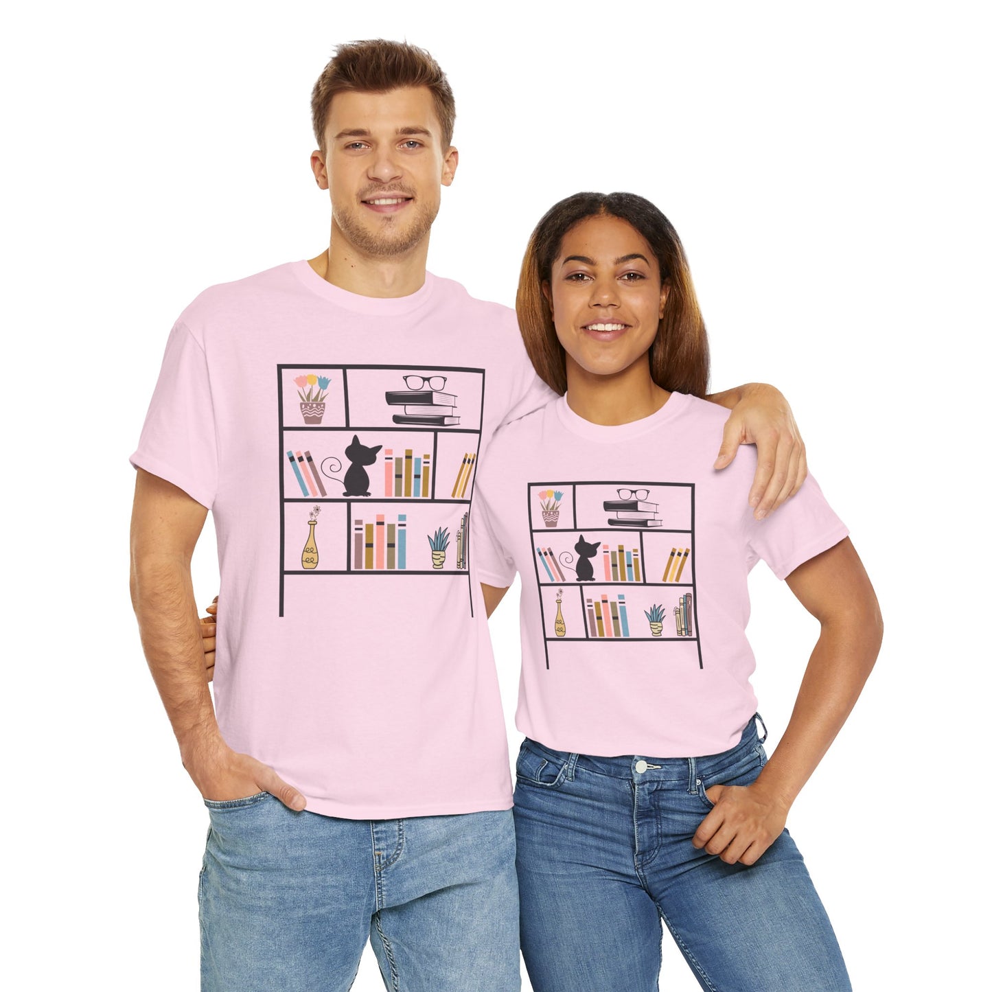 Unisex Heavy Cotton Tee - Bookshelf for books and cat