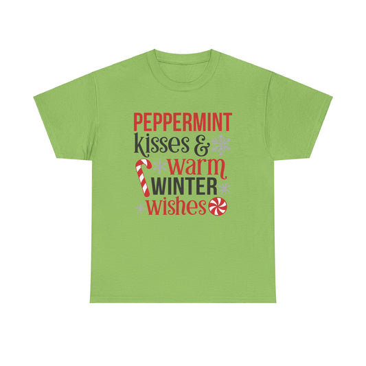 Peppermint Kisses and warm Winter wishes Unisex Heavy Cotton T-shirt - Christmas Winter Fun Cute Holiday Tee - sizes S - 3X