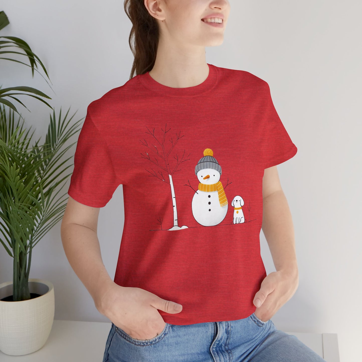 Snowman and dog winter scene Unisex Jersey Short Sleeve Tee - sizes S - 3X