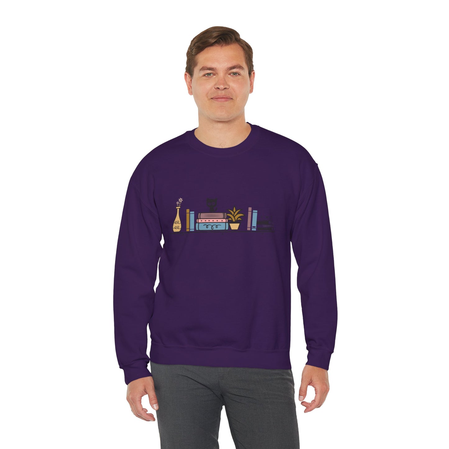 Unisex Heavy Blend™ Crewneck Sweatshirt - cute cat with books on bookshelf - sizes S - 3X