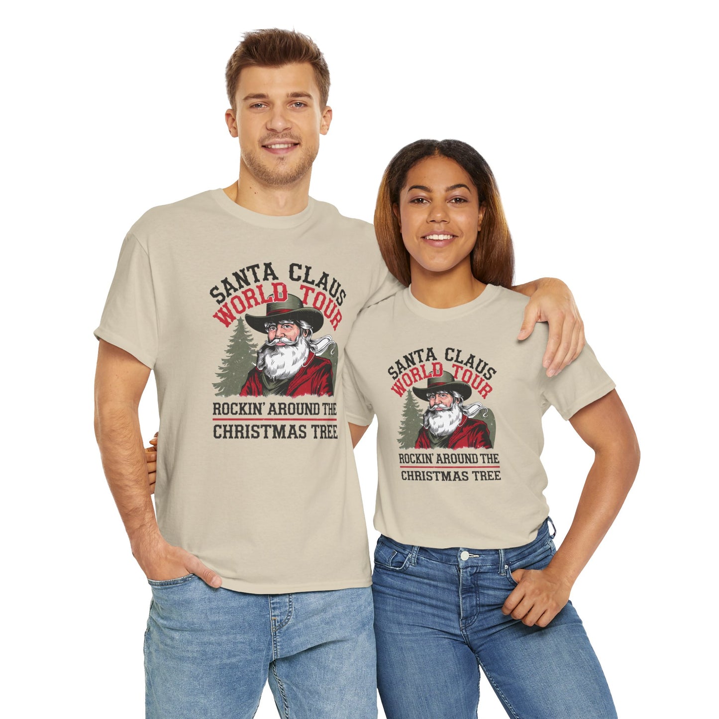 Cowboy Santa World Tour Unisex Heavy Cotton T-shirt - Christmas Funny Country Graphic Holiday Tee - sizes S - 5X