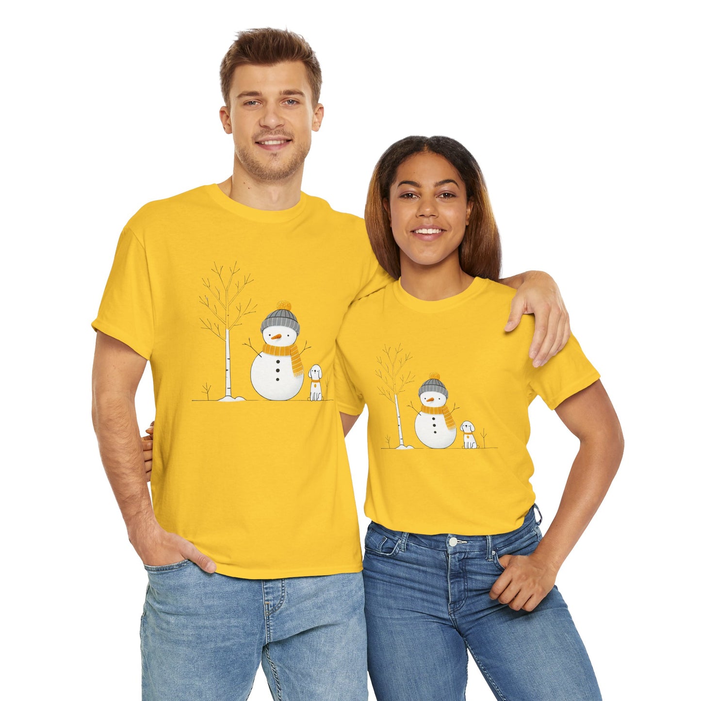 Snowman and dog Winter scene Unisex Heavy Cotton Tee - S - 3X