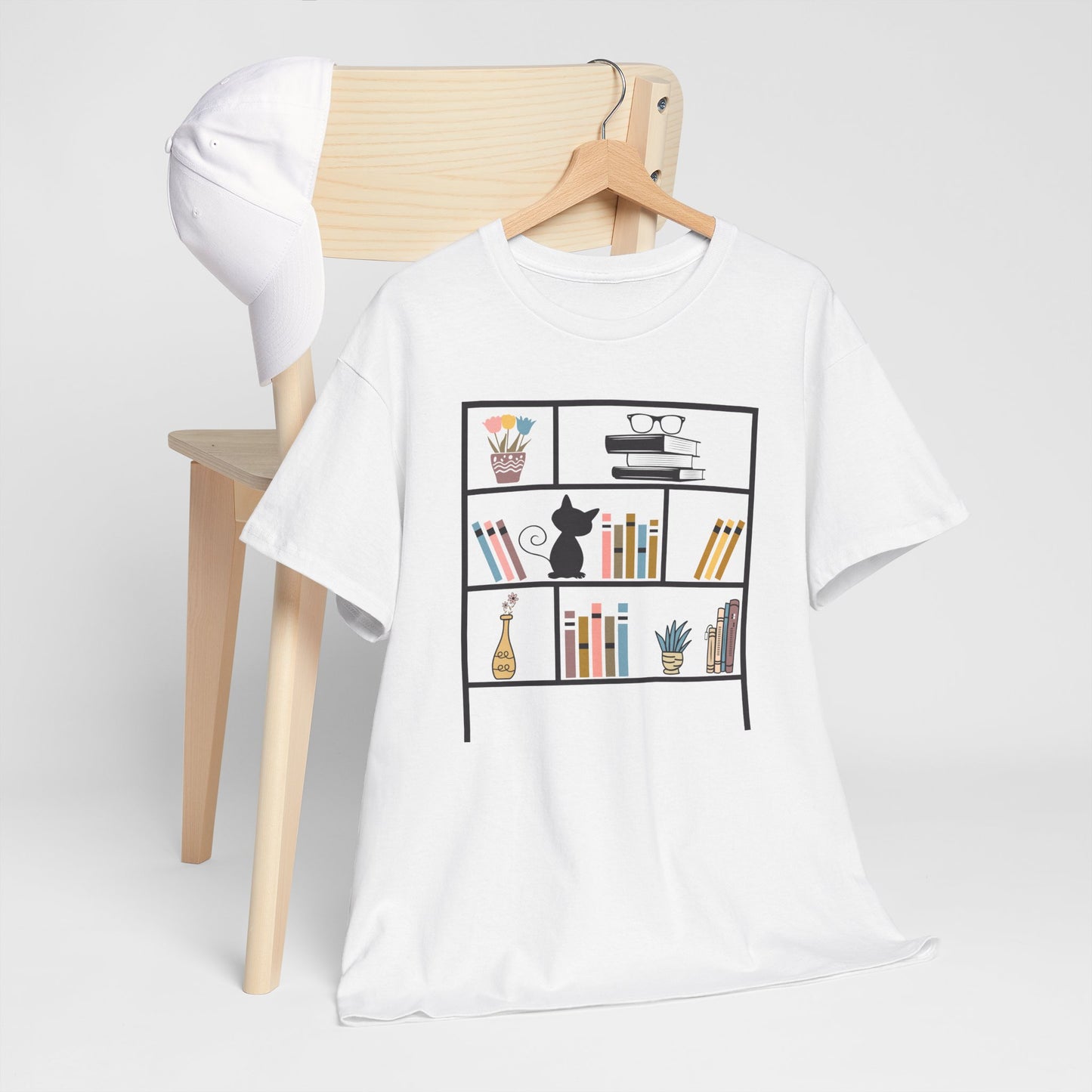 Unisex Heavy Cotton Tee - Bookshelf for books and cat