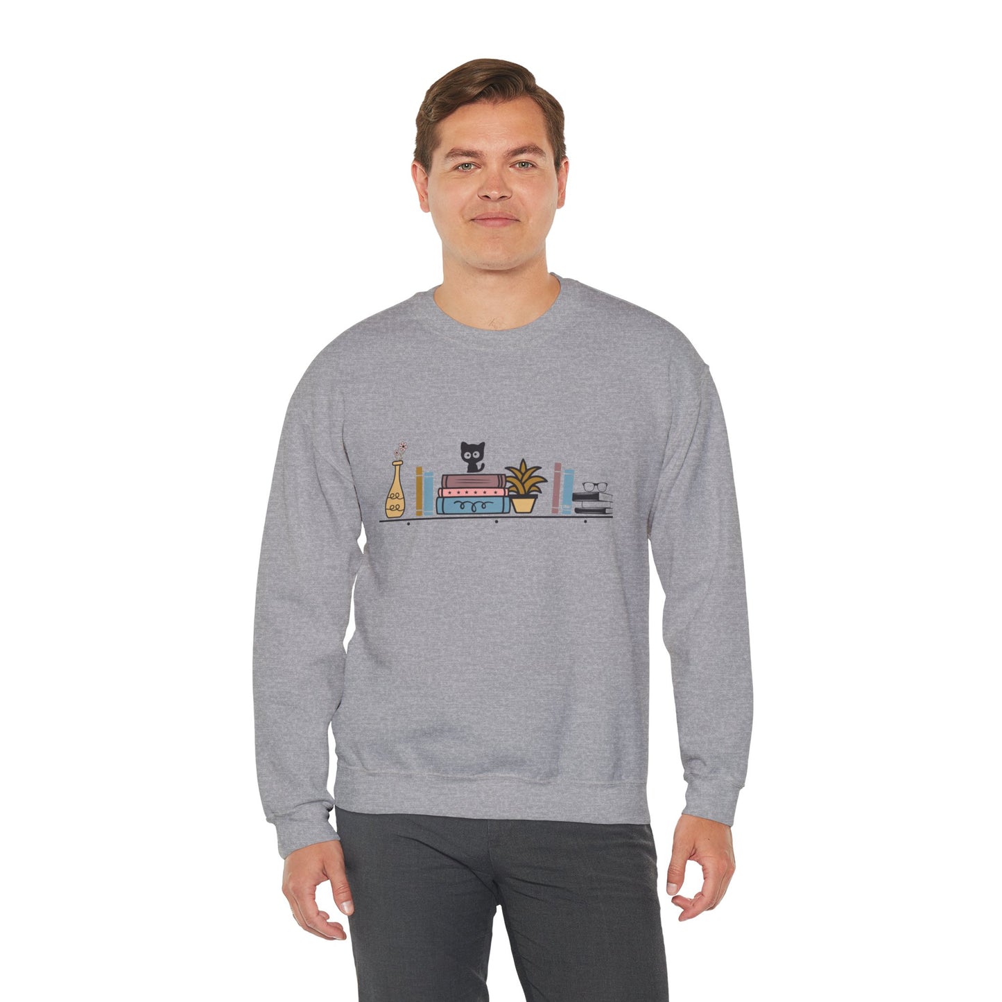 Unisex Heavy Blend™ Crewneck Sweatshirt - cute cat with books on bookshelf - sizes S - 3X