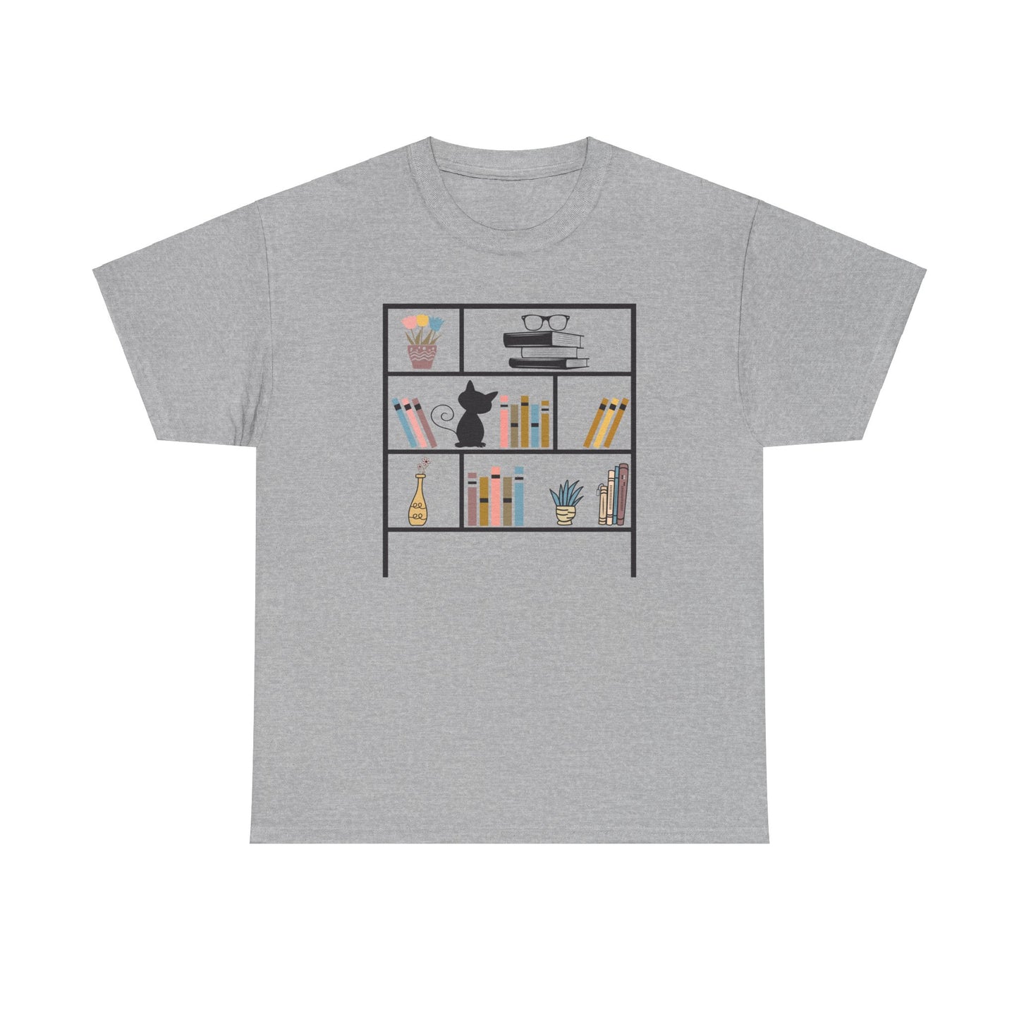 Unisex Heavy Cotton Tee - Bookshelf for books and cat