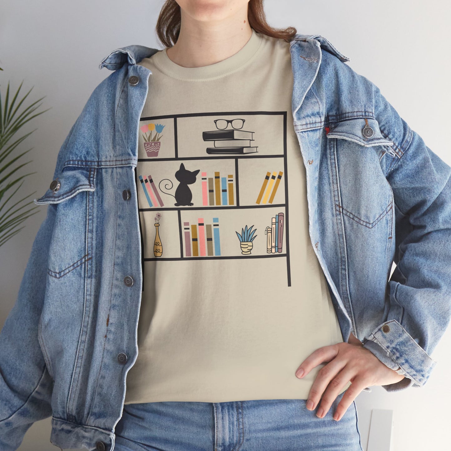 Unisex Heavy Cotton Tee - Bookshelf for books and cat