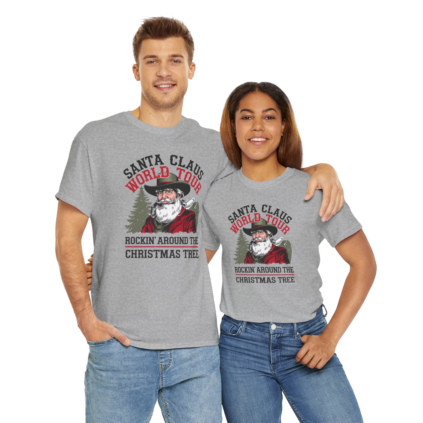 Cowboy Santa World Tour Unisex Heavy Cotton T-shirt - Christmas Funny Country Graphic Holiday Tee - sizes S - 5X