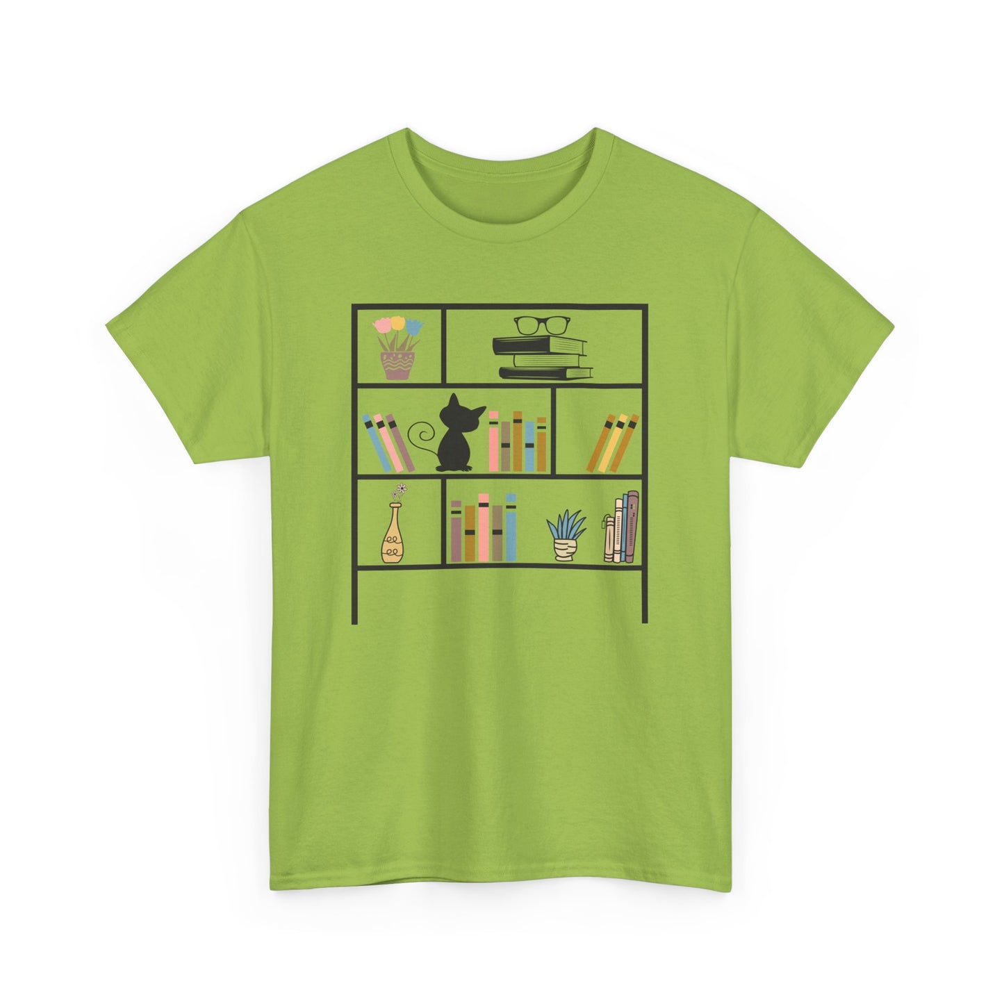 Unisex Heavy Cotton Tee - Bookshelf for books and cat