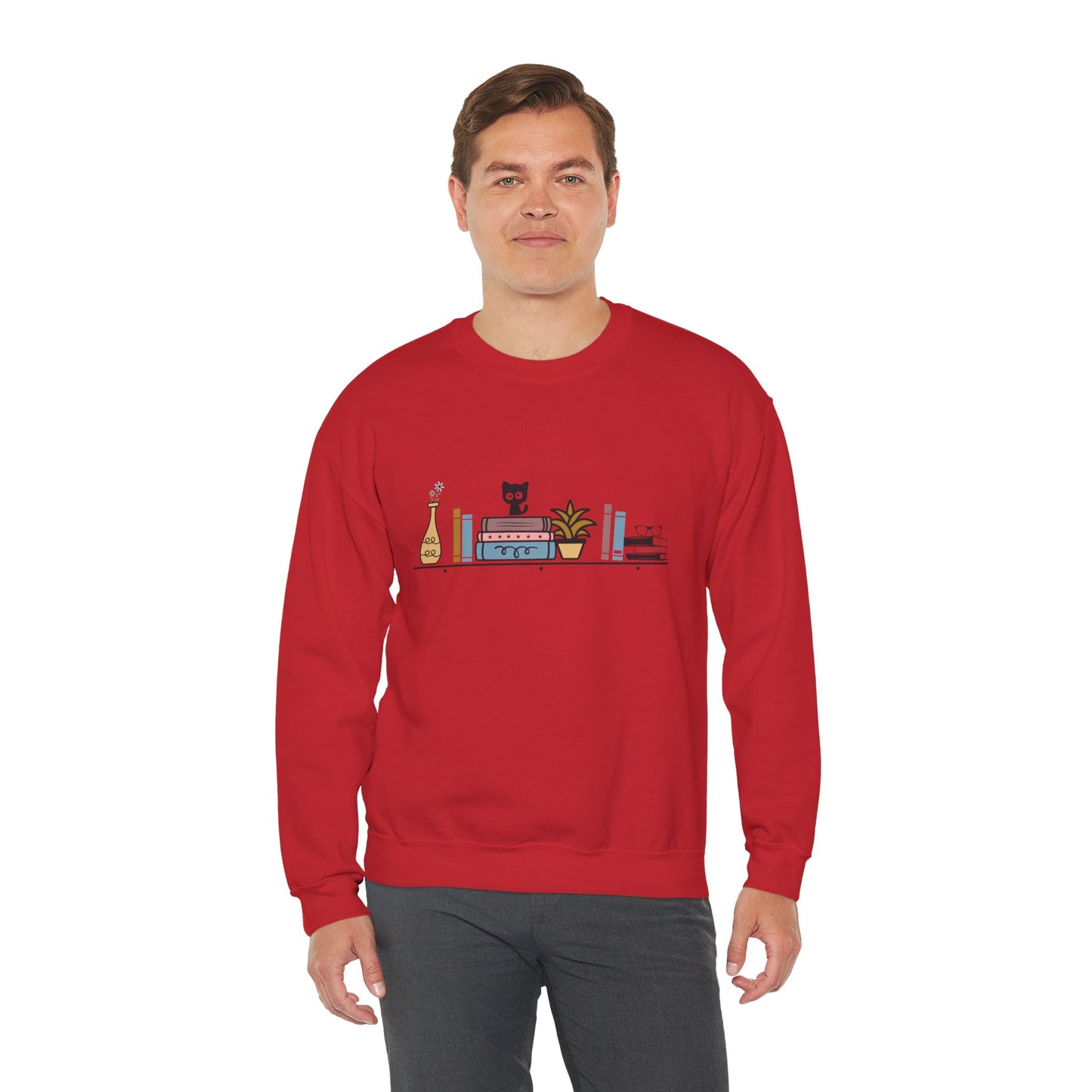 Unisex Heavy Blend™ Crewneck Sweatshirt - cute cat with books on bookshelf - sizes S - 3X