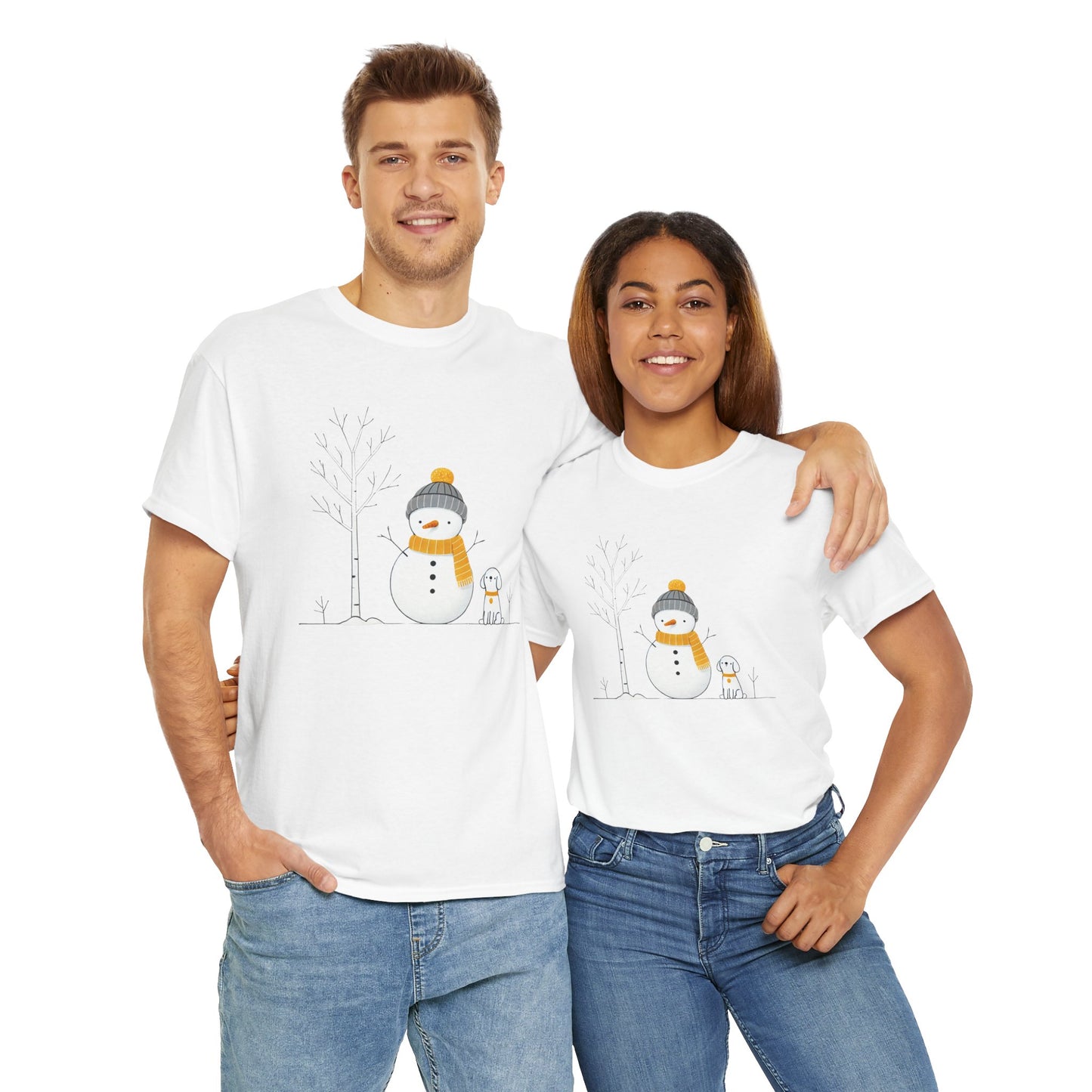 Snowman and dog Winter scene Unisex Heavy Cotton Tee - S - 3X