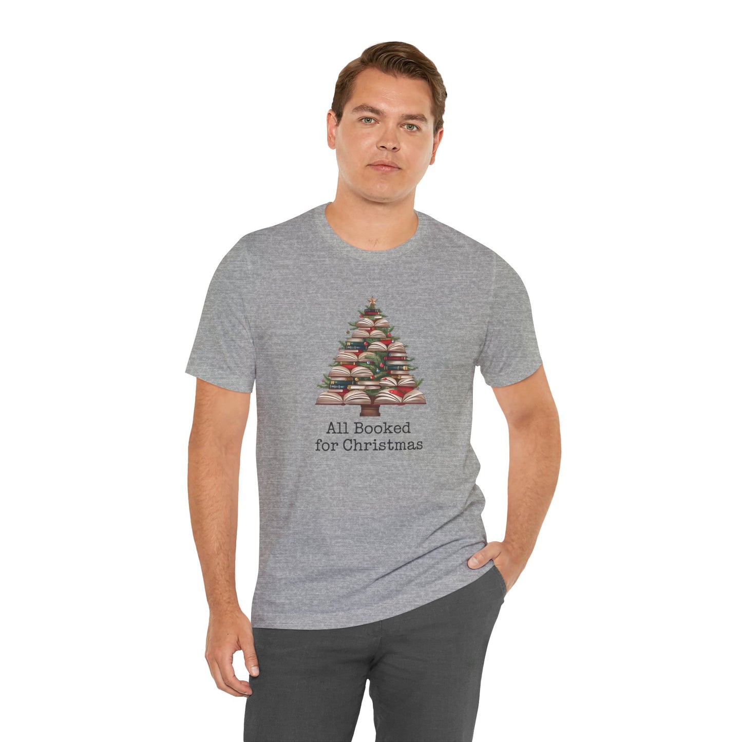 All Booked for Christmas, Book Christmas tree, Unisex Jersey Short Sleeve T-shirt - sizes S = 3X