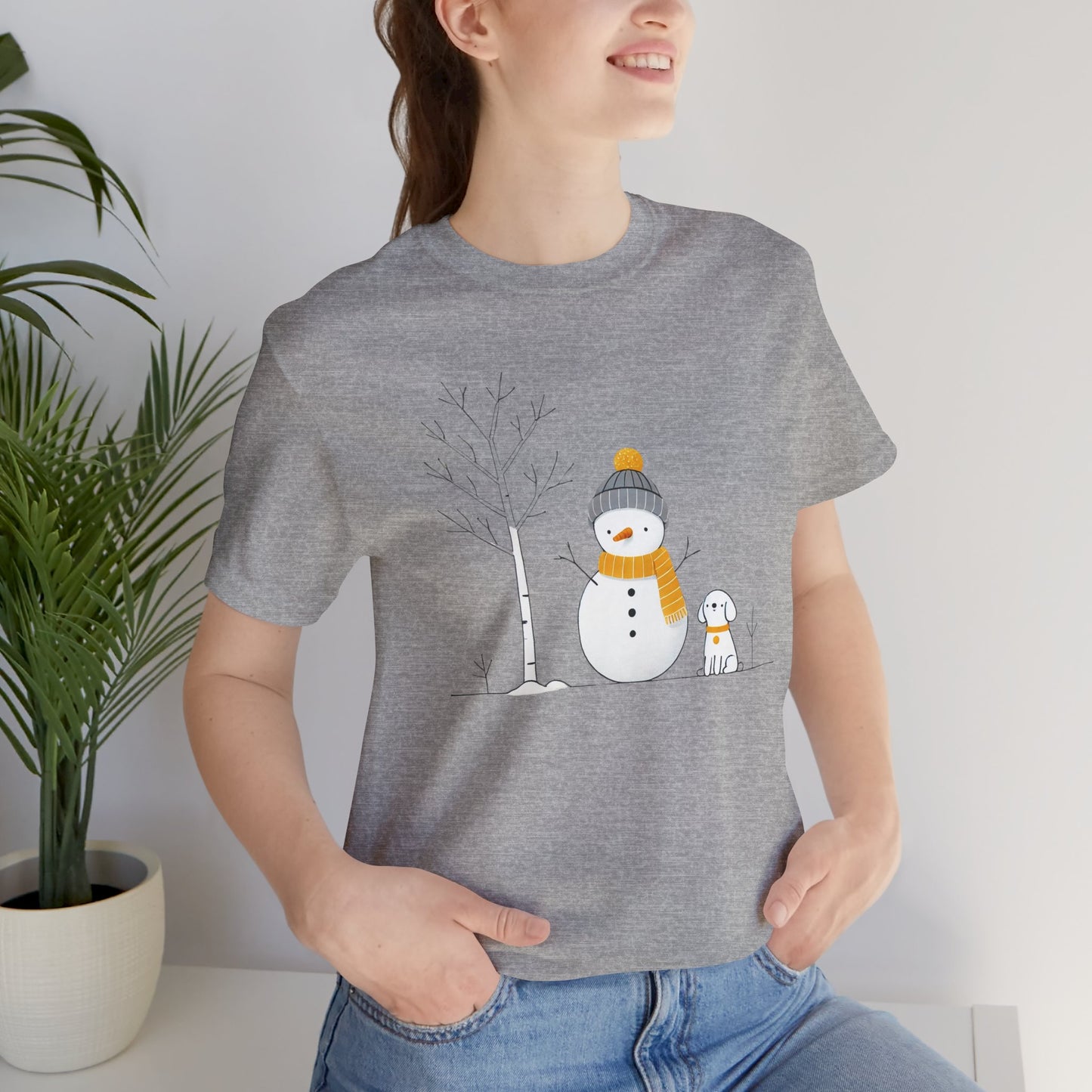 Snowman and dog winter scene Unisex Jersey Short Sleeve Tee - sizes S - 3X