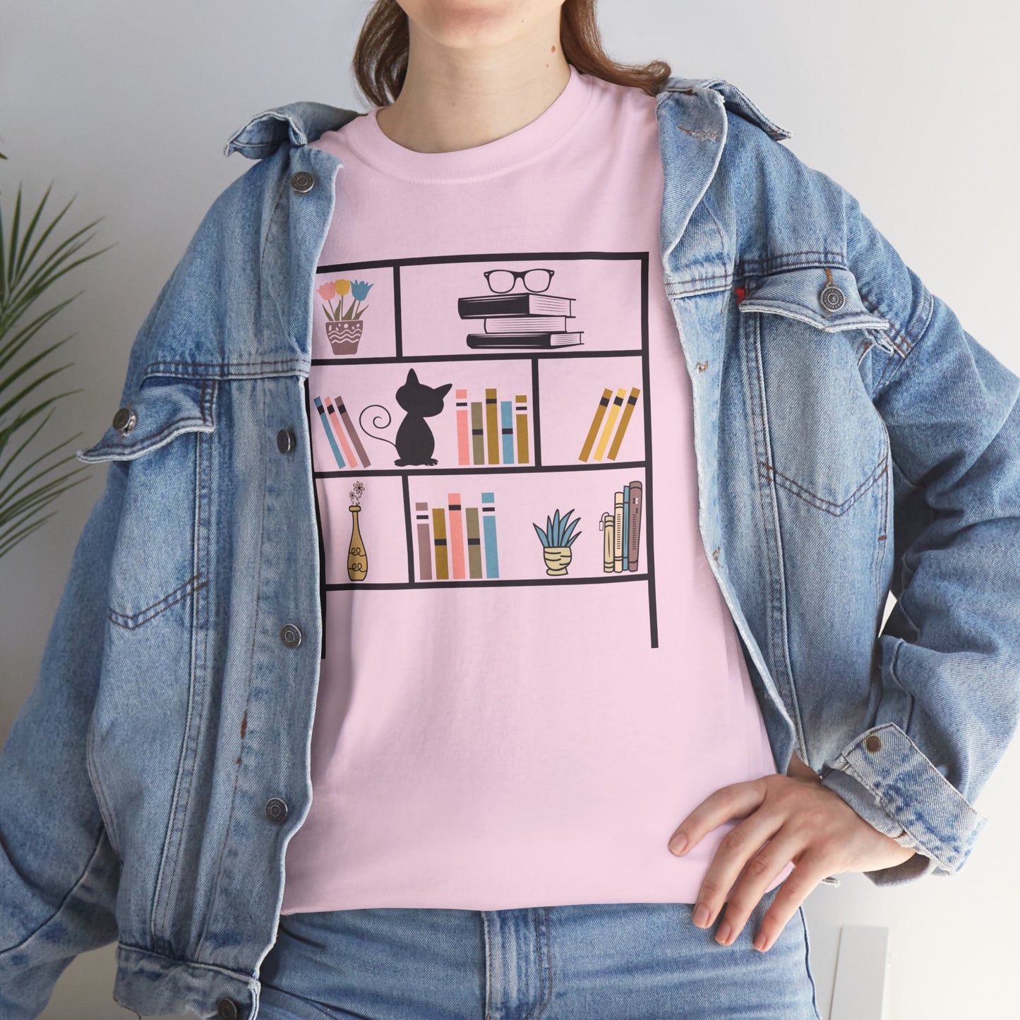 Unisex Heavy Cotton Tee - Bookshelf for books and cat