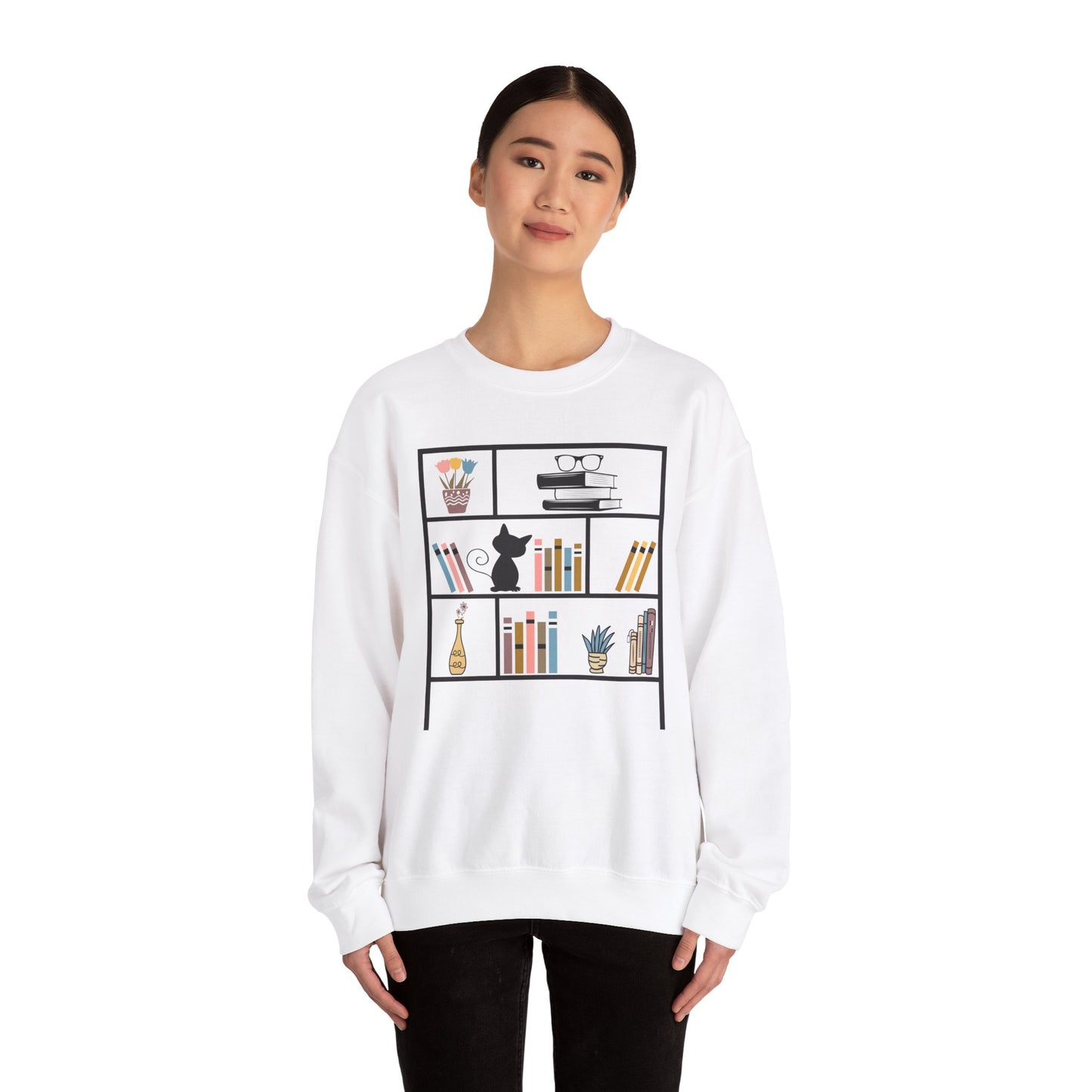 Unisex Heavy Blend™ Crewneck Sweatshirt - Cute bookshelf with cat - Sizes S - 5X